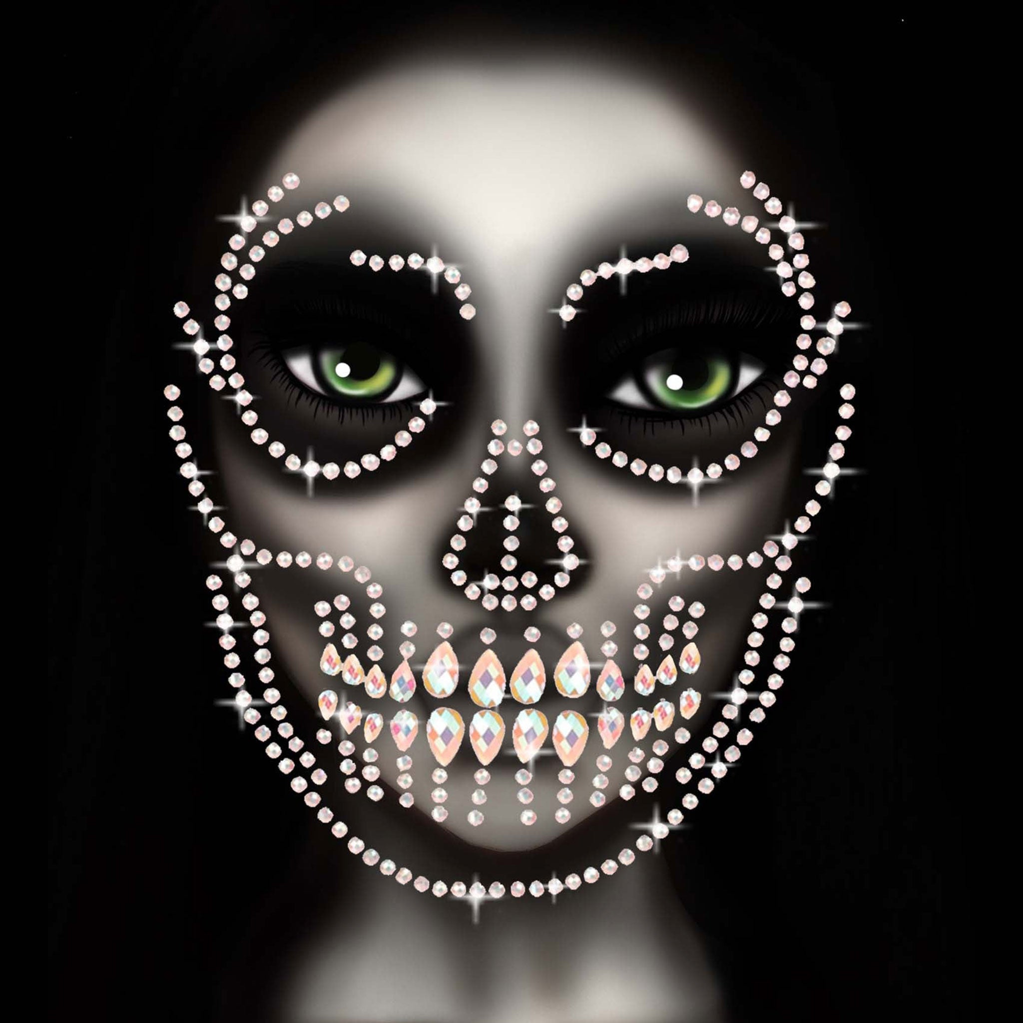 Rhinestones accessories face-jewels jewelry body-jewelry stickers face-gems symmetrical glam glamorous radiant bold sparkling sparkle sparkling bedazzle bedazzling vibrant versatile jaw-dropping scary spooky costume cosplay ravewear festival clubwear halloween sugar-skull skull calavera skeleton DIY do-it-yourself dia-de-los-muertos day-of-the-dead mexico mexican cultural clear glow-in-the-dark green