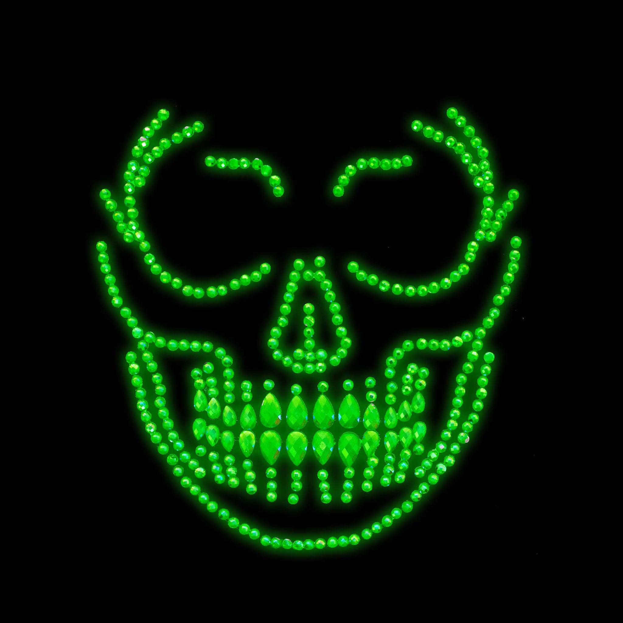 Rhinestones accessories face-jewels jewelry body-jewelry stickers face-gems symmetrical glam glamorous radiant bold sparkling sparkle sparkling bedazzle bedazzling vibrant versatile jaw-dropping scary spooky costume cosplay ravewear festival clubwear halloween sugar-skull skull calavera skeleton DIY do-it-yourself dia-de-los-muertos day-of-the-dead mexico mexican cultural clear glow-in-the-dark green