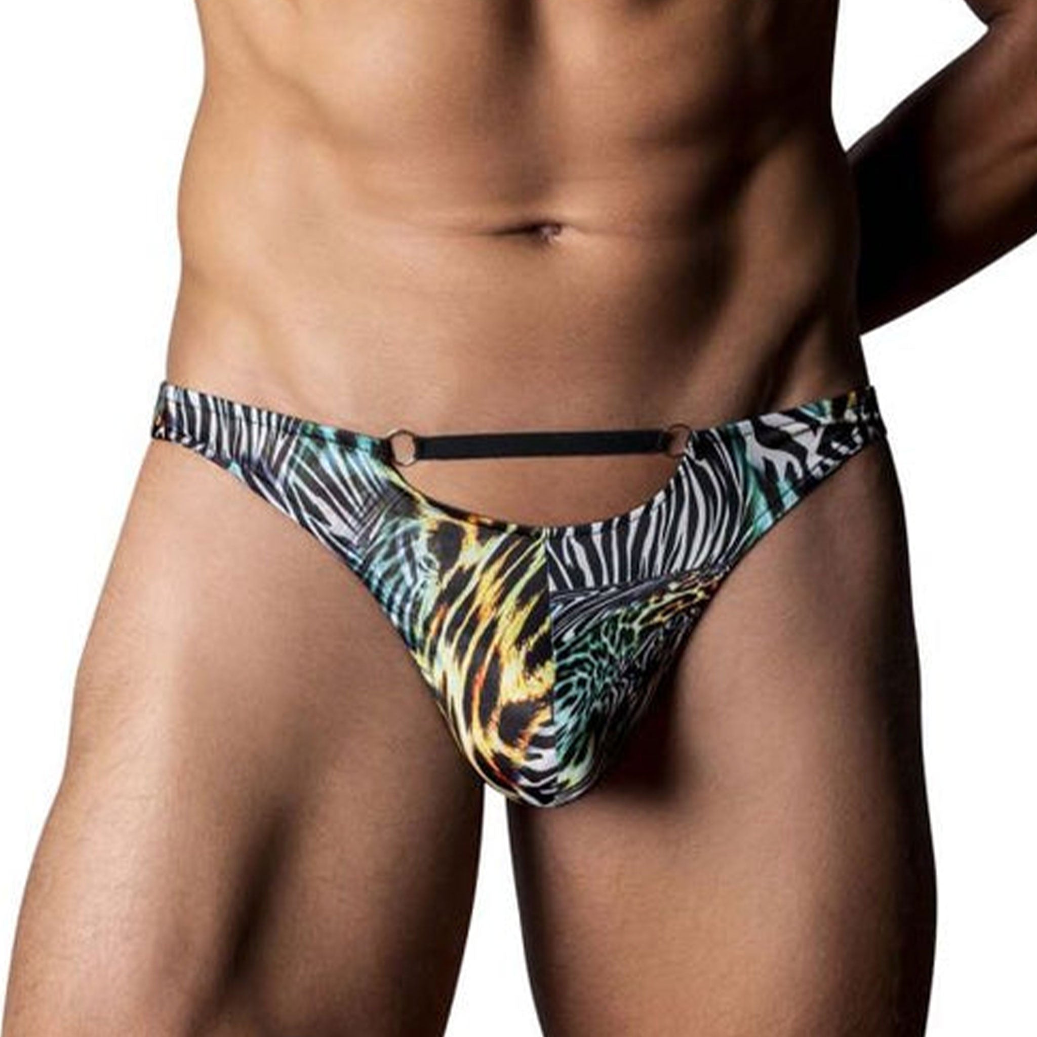 Spandex polyamide stretchy underwear lingerie thong gstring g-string mens cutout cut-out daring animal-print contoured uplifting pouch elastic mini O-ring low-cut T-back bold eye-catching wild multicolor
