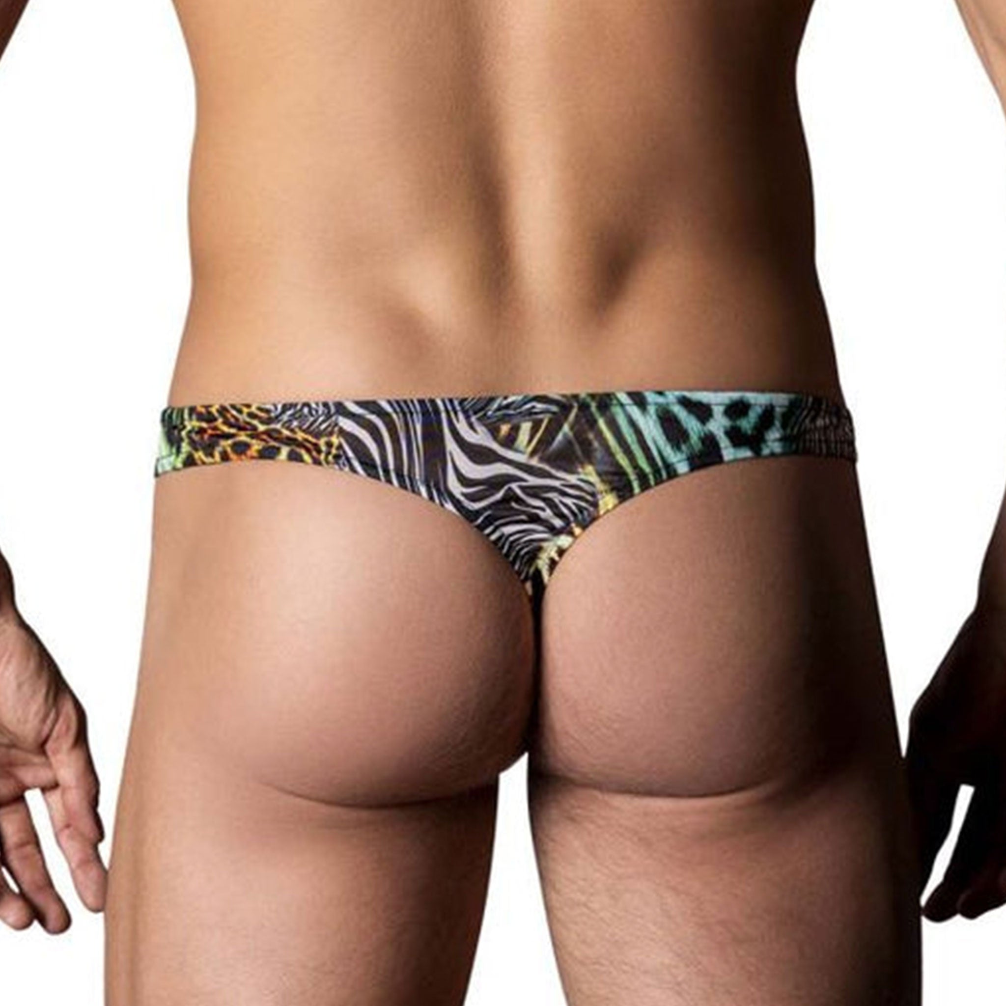 Spandex polyamide stretchy underwear lingerie thong gstring g-string mens cutout cut-out daring animal-print contoured uplifting pouch elastic mini O-ring low-cut T-back bold eye-catching wild multicolor