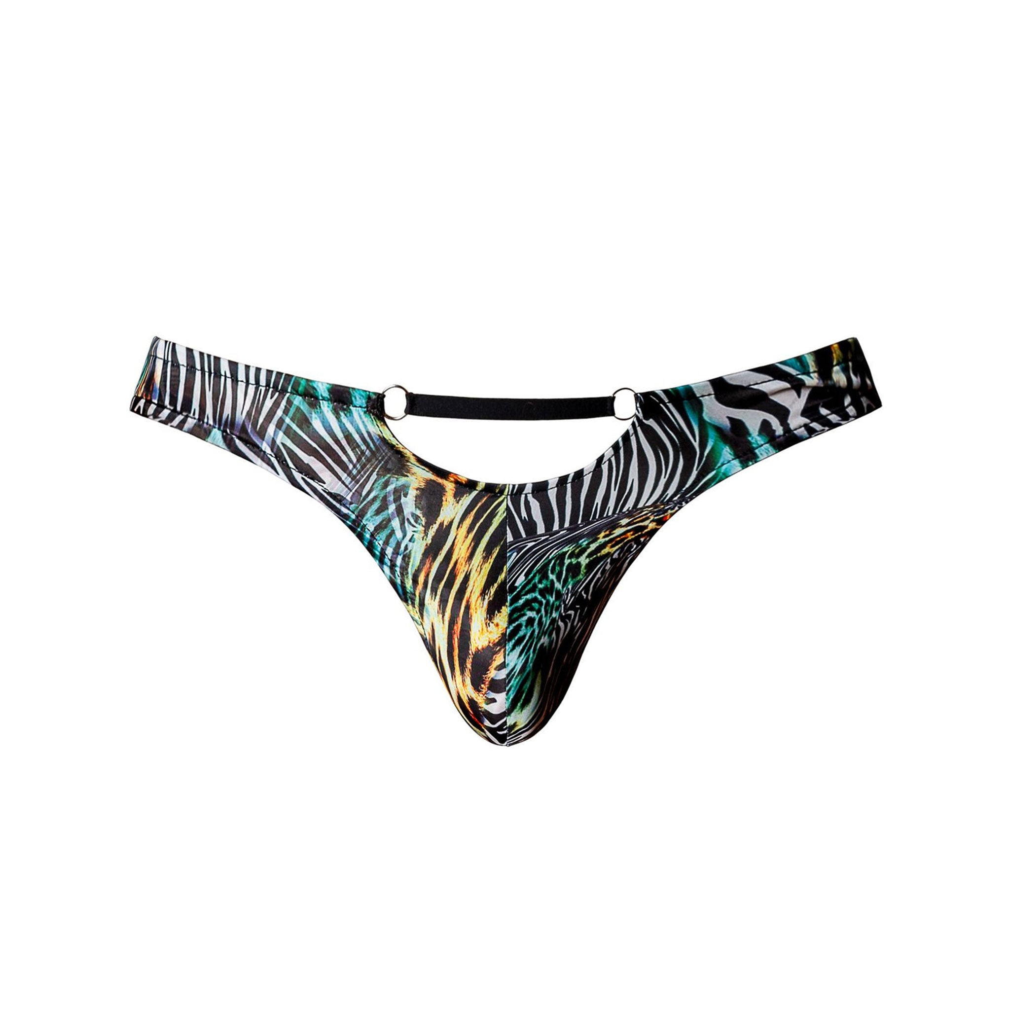 Spandex polyamide stretchy underwear lingerie thong gstring g-string mens cutout cut-out daring animal-print contoured uplifting pouch elastic mini O-ring low-cut T-back bold eye-catching wild multicolor