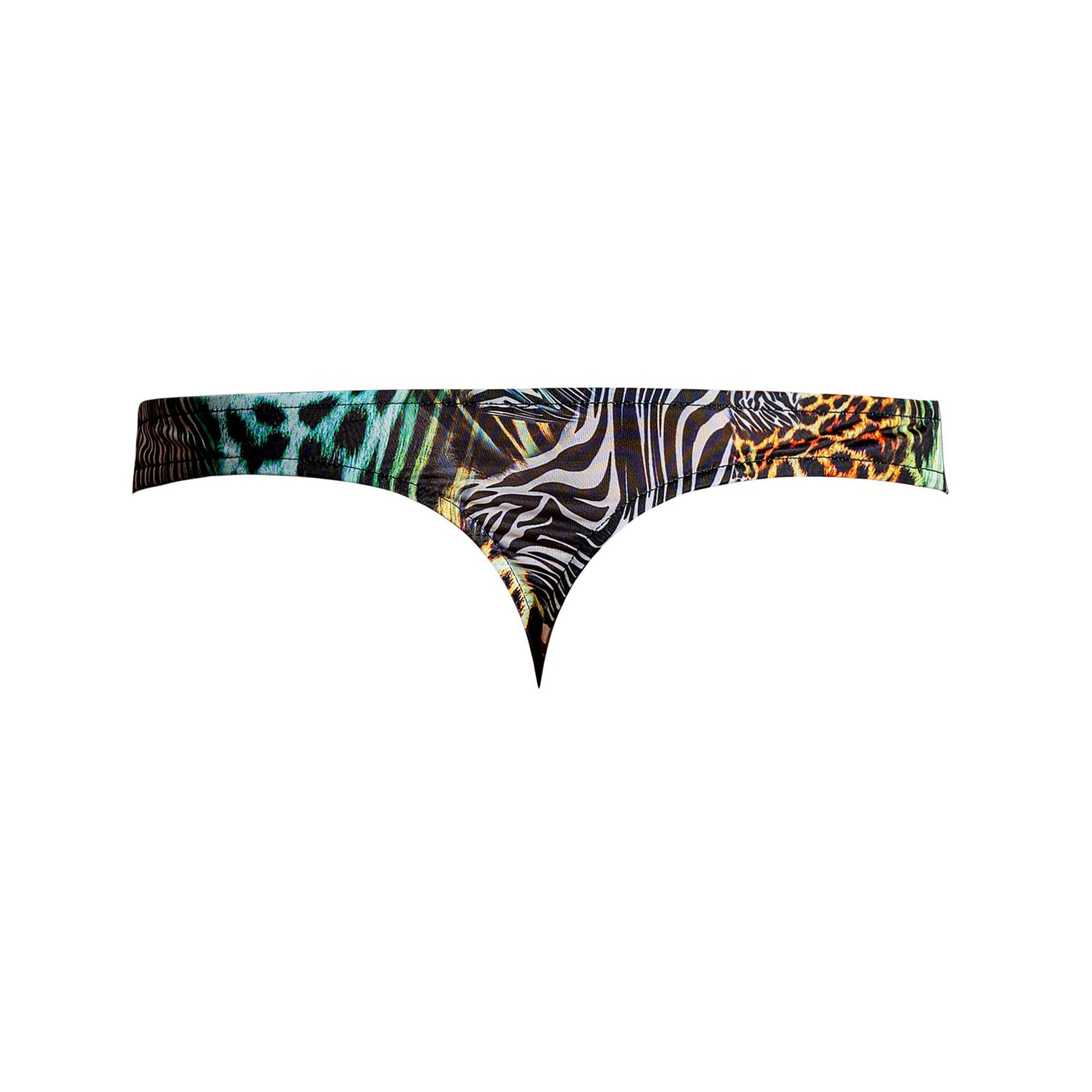 Spandex polyamide stretchy underwear lingerie thong gstring g-string mens cutout cut-out daring animal-print contoured uplifting pouch elastic mini O-ring low-cut T-back bold eye-catching wild multicolor