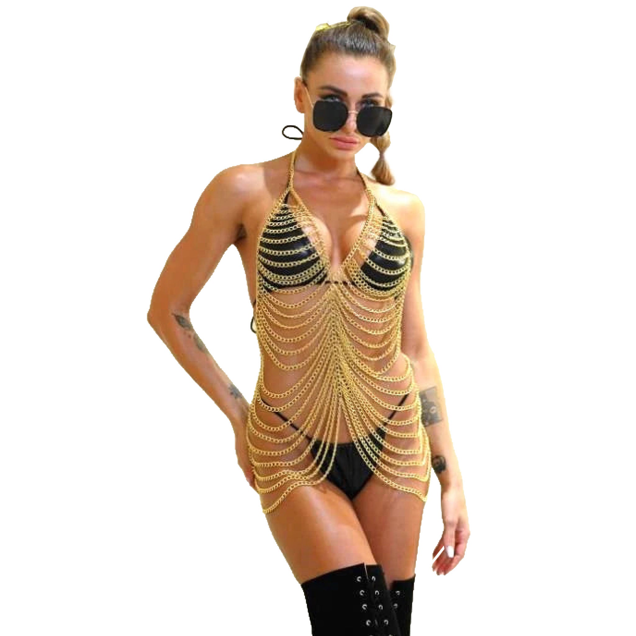 Metallic-chain chainmail chain-mail chain-link seethru see-thru transparent apparel top long-top dress mini-dress minidress sleeveless halter halterneck adjustable lobster-clasp shiny widely-spaced draped-chain core-chain back-closure fetish fashion alt-fashion glam eveningwear dancewear costume cosplay halloween female femme feminine womens gold