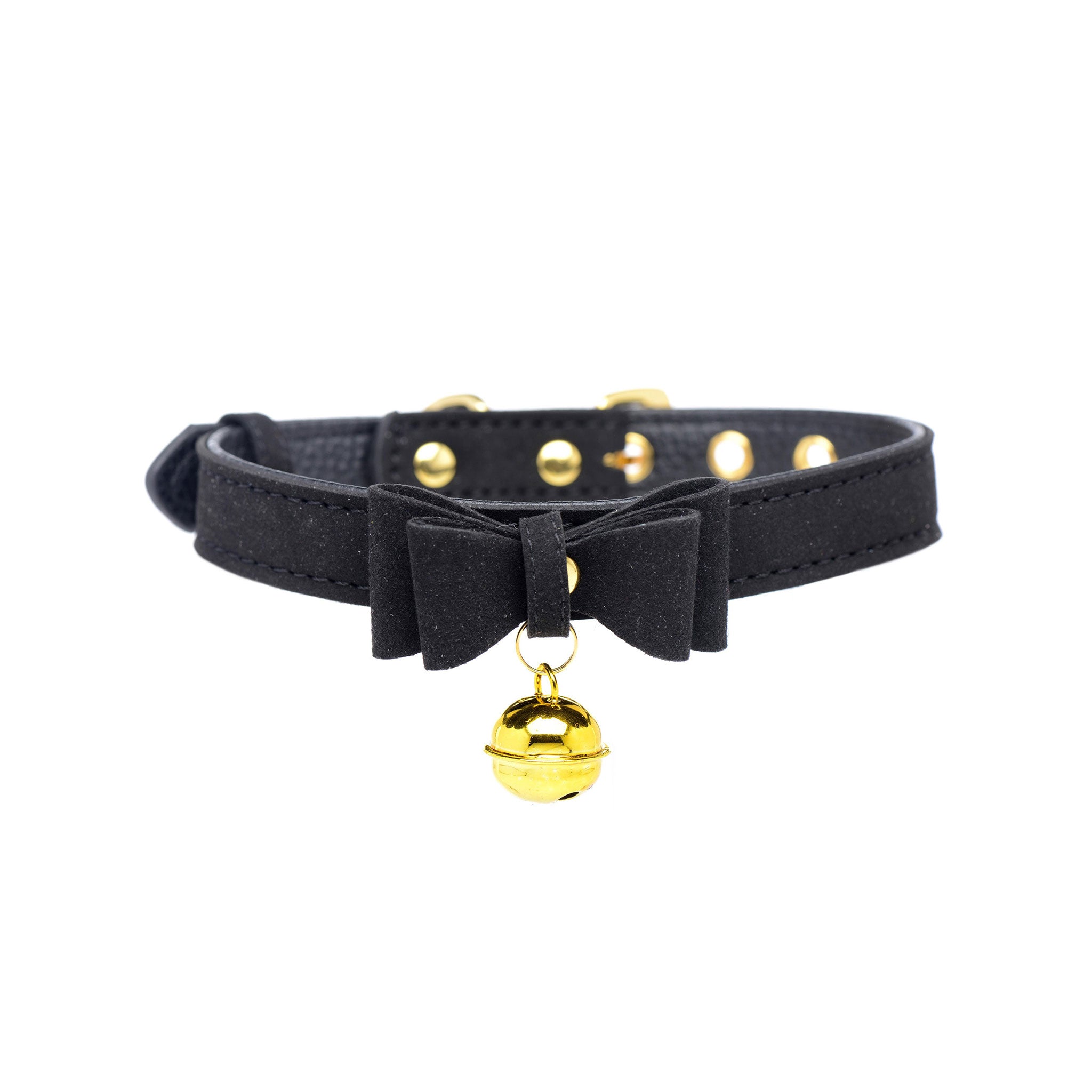 Leather PU faux-leather accessories jewelry collar choker adjustable buckle bell ringing bell-collar sexy sultry fetish fashion alt-fashion pet-play pup-play animal-play kitty cat kitten feline bdsm bdsm-play bondage restraint sub submission conditioning costume cosplay halloween gift couples black gold