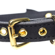 Leather PU faux-leather accessories jewelry collar choker adjustable buckle bell ringing bell-collar sexy sultry fetish fashion alt-fashion pet-play pup-play animal-play kitty cat kitten feline bdsm bdsm-play bondage restraint sub submission conditioning costume cosplay halloween gift couples black gold