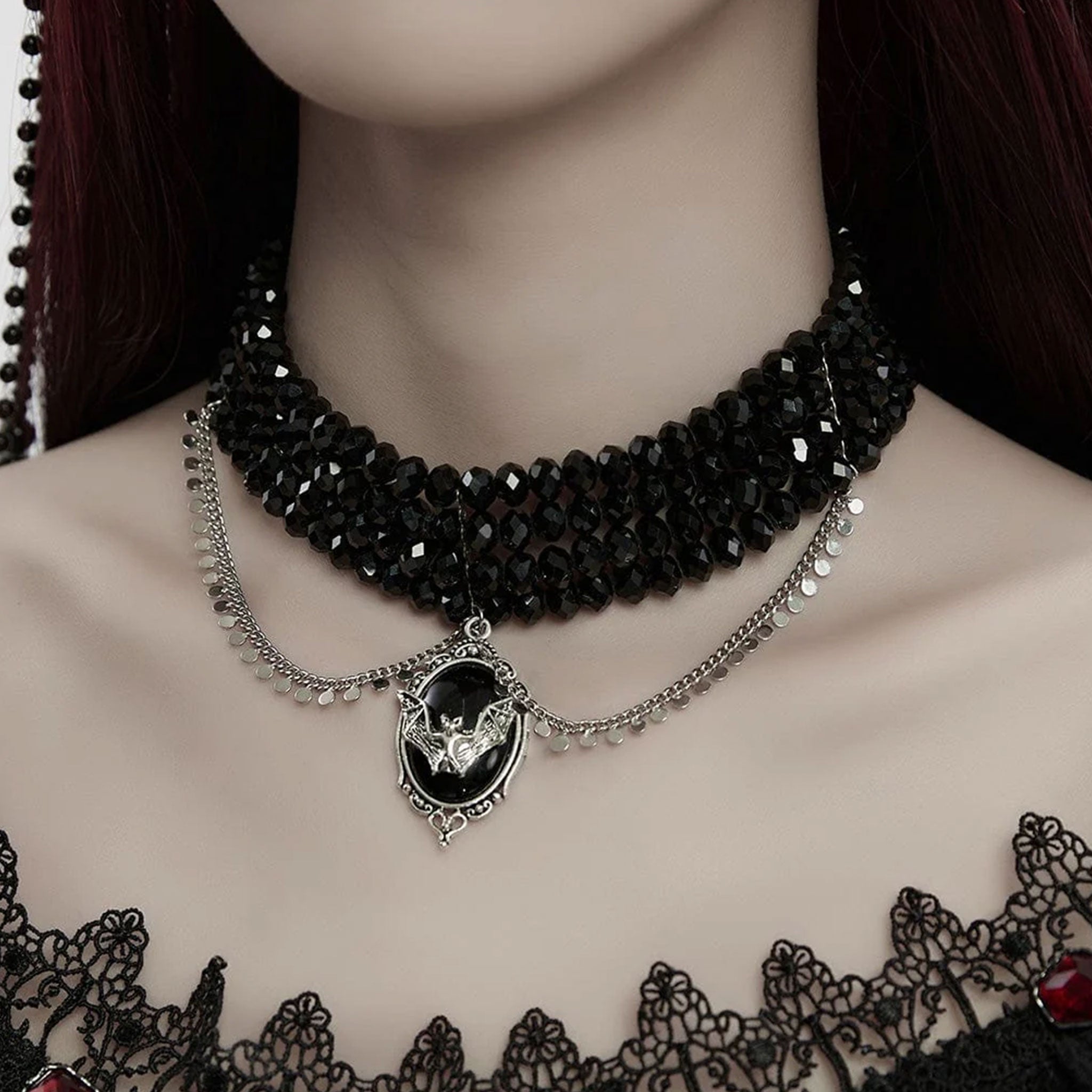 Glass bead beads beaded rows copper necklace choker pendant fascinator bat coin-tassel chain detailed sculpted 3d 3-d faceted goth gothic accessories halloween black silver