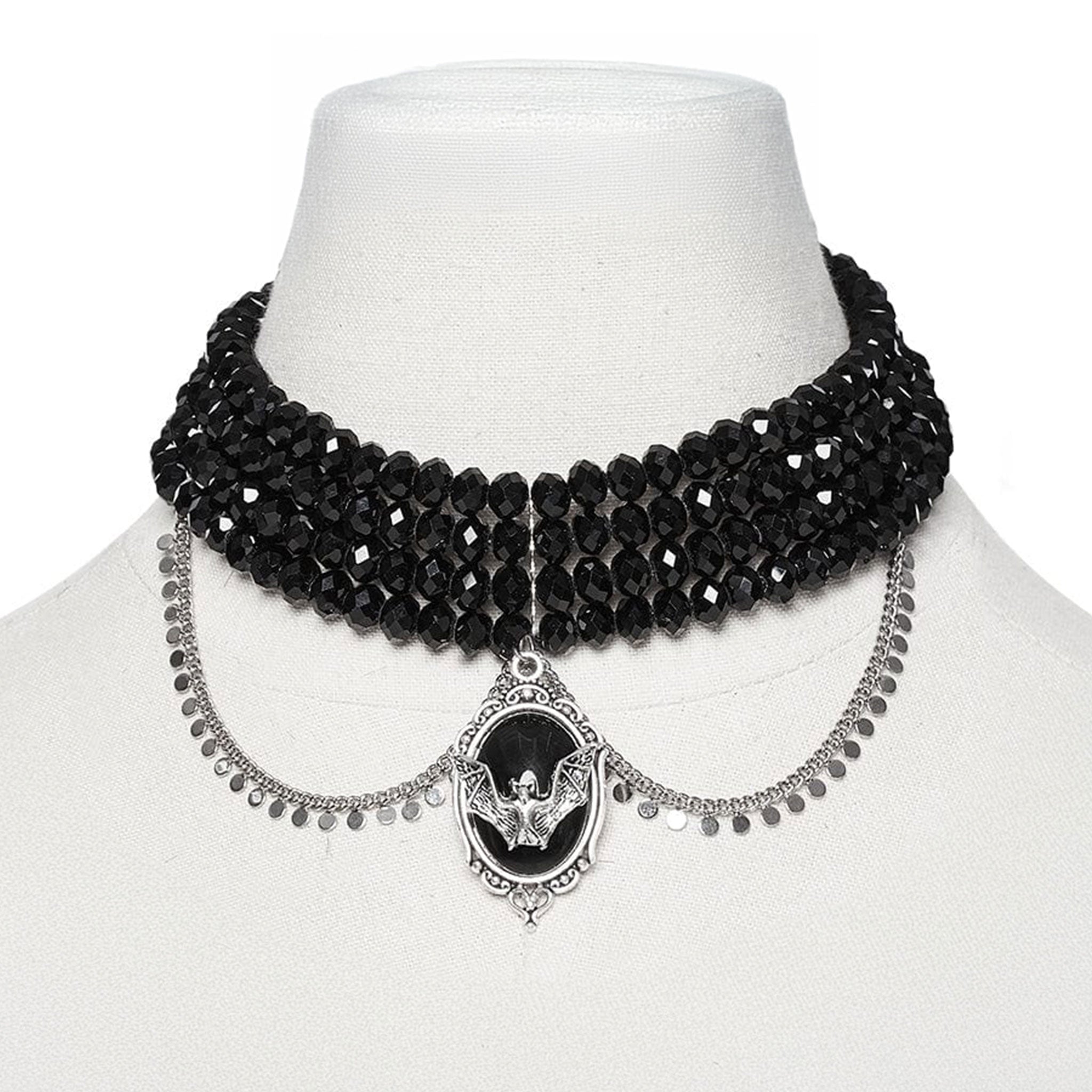 Glass bead beads beaded rows copper necklace choker pendant fascinator bat coin-tassel chain detailed sculpted 3d 3-d faceted goth gothic accessories halloween black silver