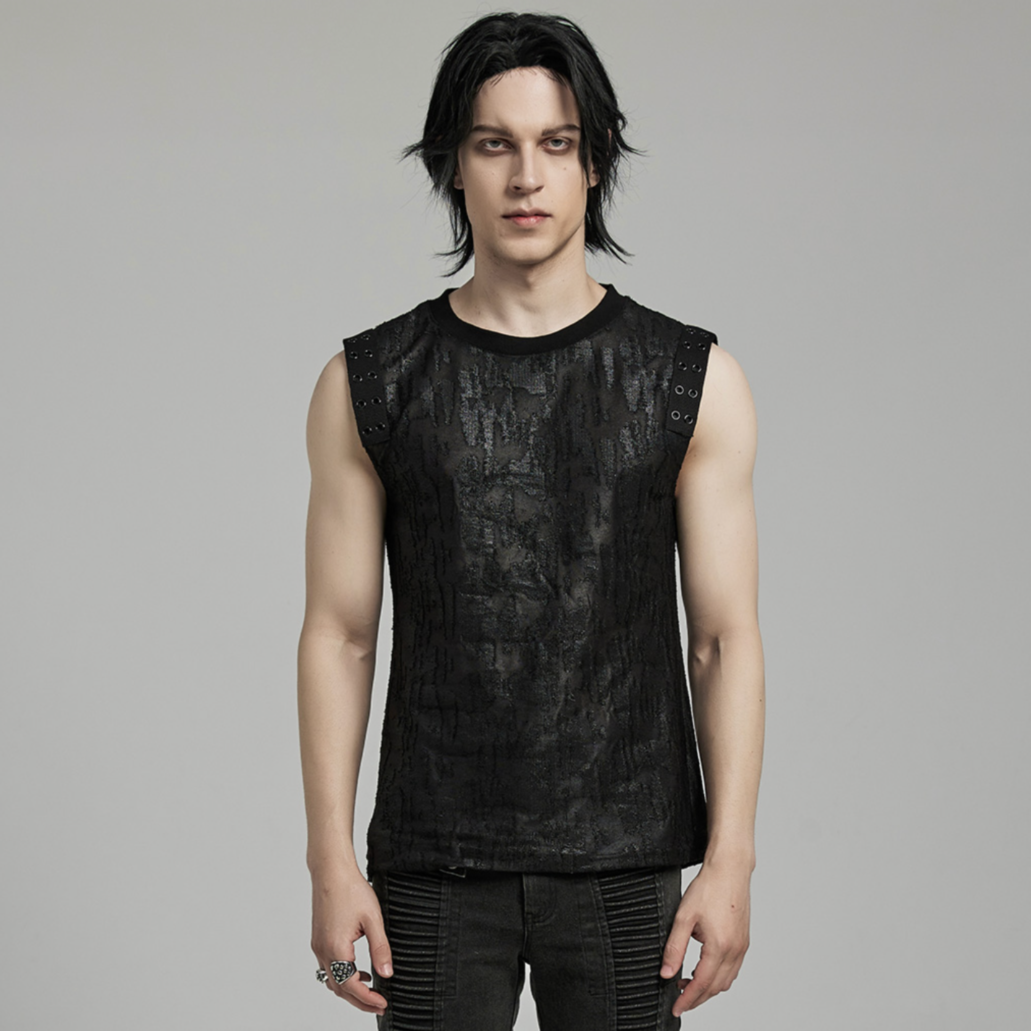 goth daily fitted tank black tattered textured tank top eyelet webbing shoulders slim fit sleeveless gothic fashion alternative streetwear punk dark urban clothing stretchy knit soft fabric