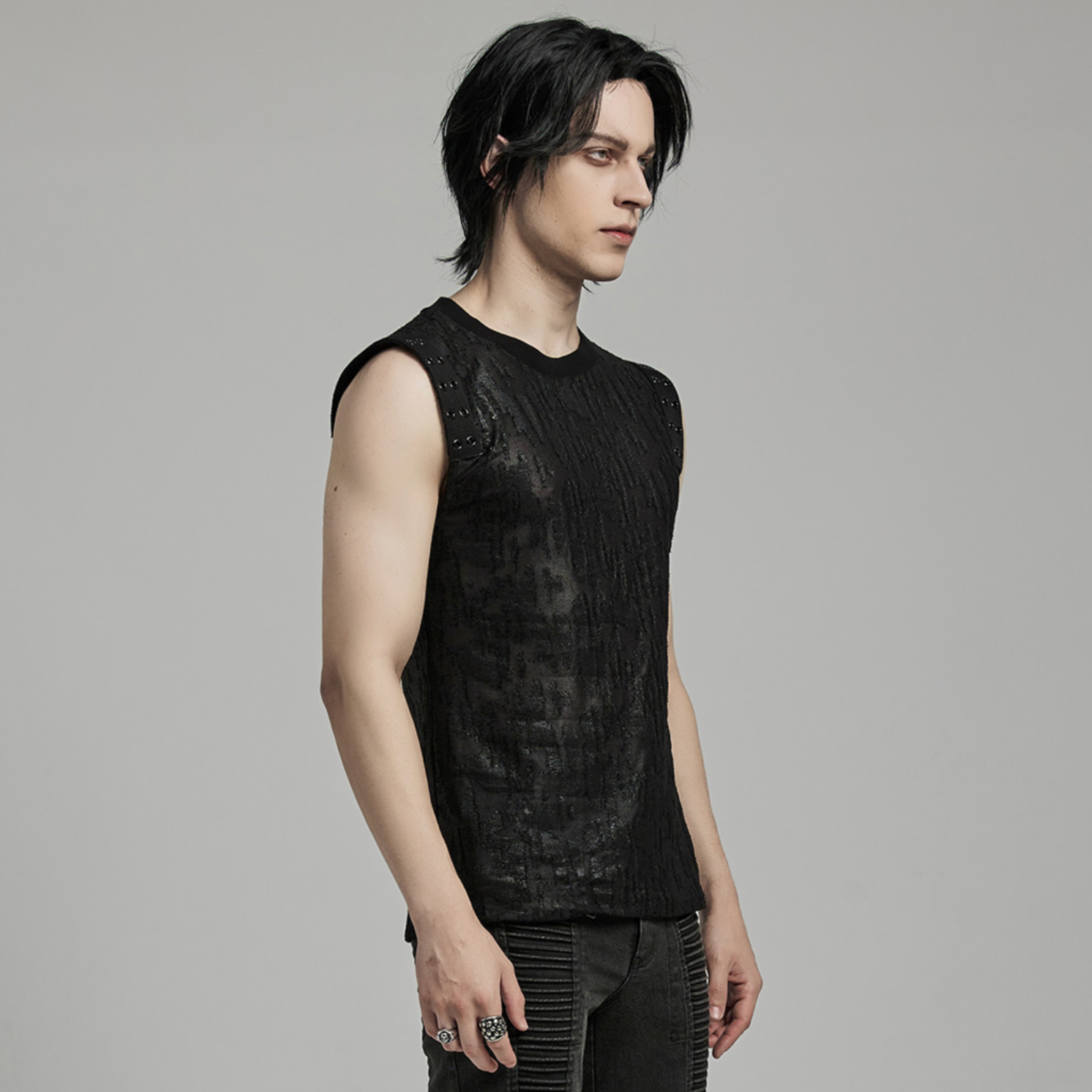 goth daily fitted tank black tattered textured tank top eyelet webbing shoulders slim fit sleeveless gothic fashion alternative streetwear punk dark urban clothing stretchy knit soft fabric