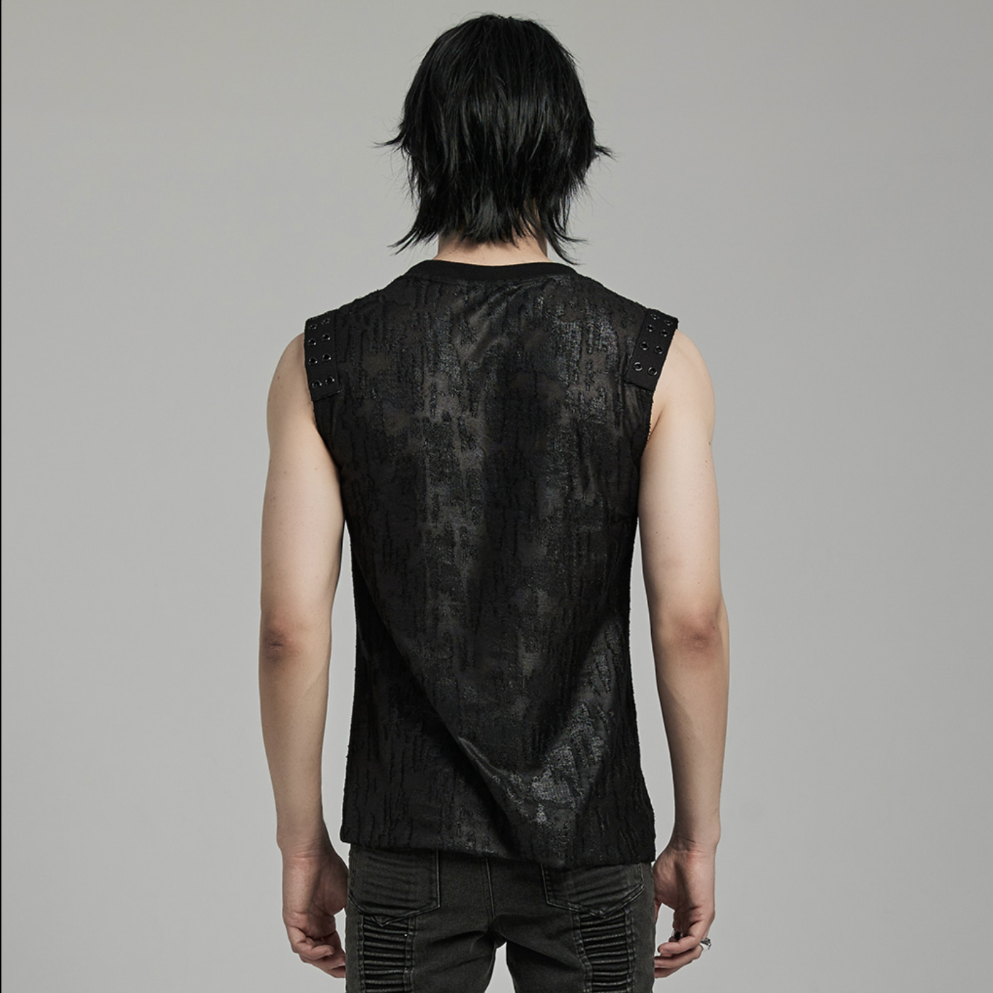 goth daily fitted tank black tattered textured tank top eyelet webbing shoulders slim fit sleeveless gothic fashion alternative streetwear punk dark urban clothing stretchy knit soft fabric
