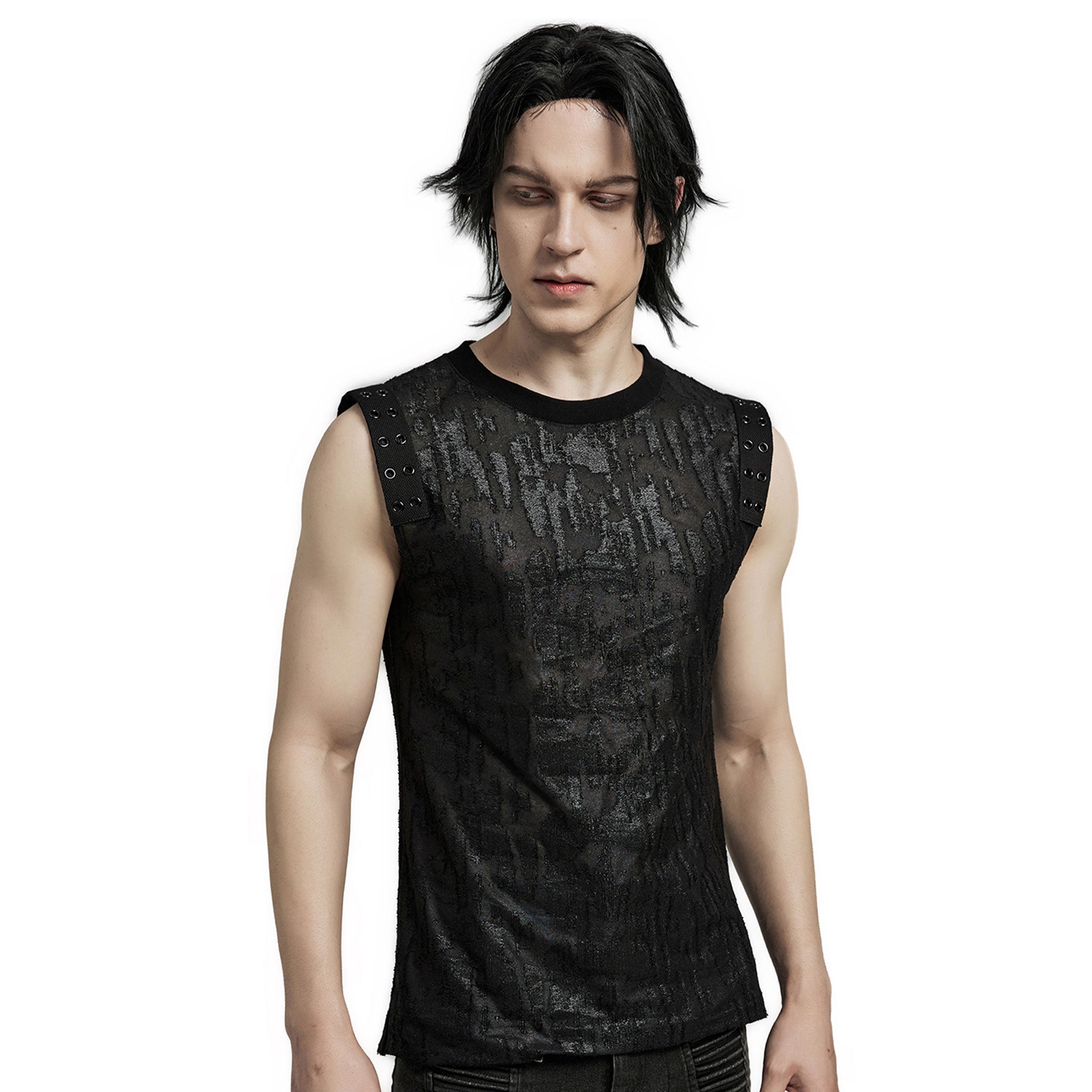 Polyester viscose cotton elastane apparel top shirt tank-top sleeveless cotton-webbing eyelets shoulder-webbing slim-fit fitted soft tattered textured distressed stretchy fashion alt-fashion alternative punk goth gothic cyber cyberpunk casual festival rave streetwear dark urban costume cosplay halloween afterdark-collection male masculine masc mens menswear guys dudes black