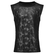 Polyester viscose cotton elastane apparel top shirt tank-top sleeveless cotton-webbing eyelets shoulder-webbing slim-fit fitted soft tattered textured distressed stretchy fashion alt-fashion alternative punk goth gothic cyber cyberpunk casual festival rave streetwear dark urban costume cosplay halloween afterdark-collection male masculine masc mens menswear guys dudes black