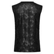Polyester viscose cotton elastane apparel top shirt tank-top sleeveless cotton-webbing eyelets shoulder-webbing slim-fit fitted soft tattered textured distressed stretchy fashion alt-fashion alternative punk goth gothic cyber cyberpunk casual festival rave streetwear dark urban costume cosplay halloween afterdark-collection male masculine masc mens menswear guys dudes black