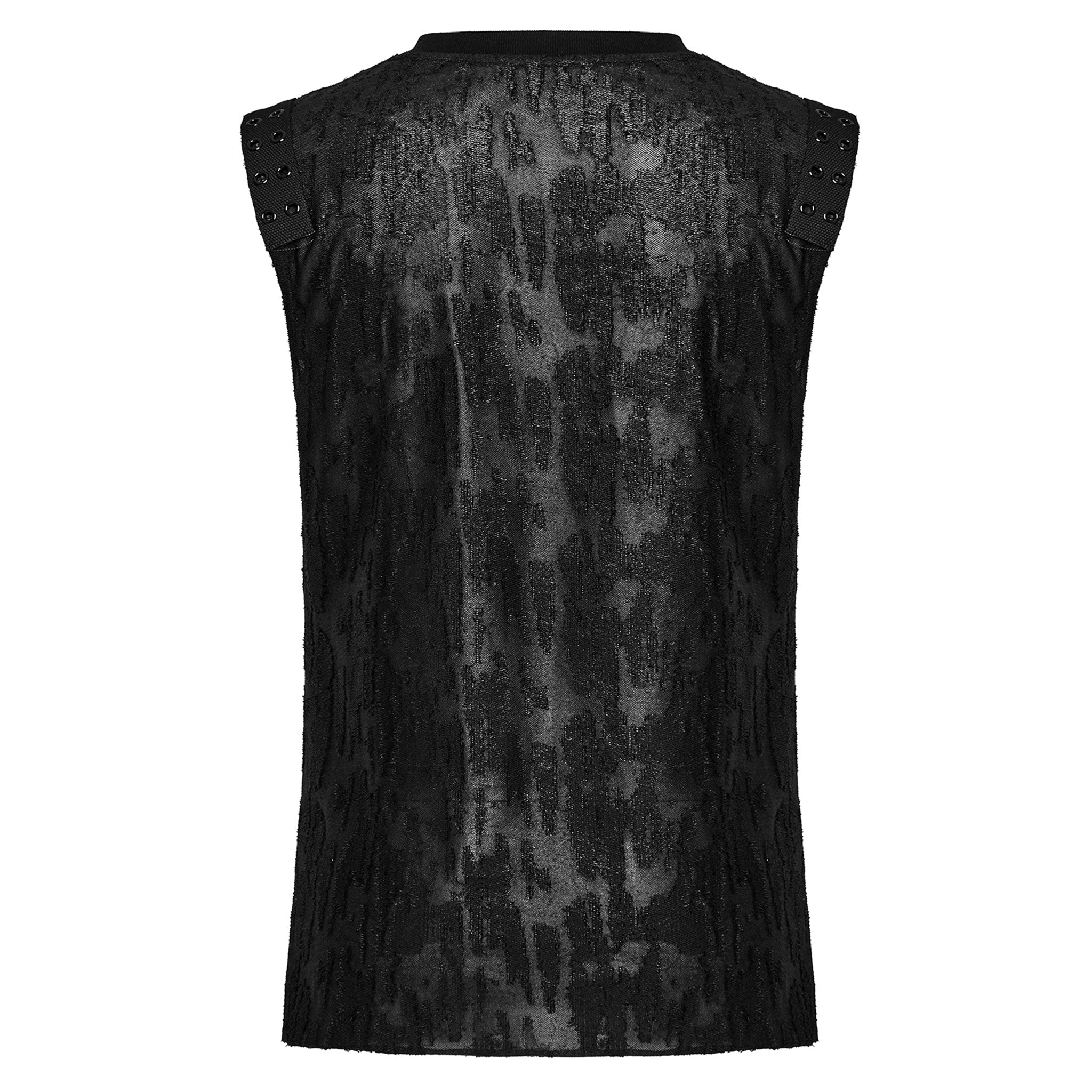 Polyester viscose cotton elastane apparel top shirt tank-top sleeveless cotton-webbing eyelets shoulder-webbing slim-fit fitted soft tattered textured distressed stretchy fashion alt-fashion alternative punk goth gothic cyber cyberpunk casual festival rave streetwear dark urban costume cosplay halloween afterdark-collection male masculine masc mens menswear guys dudes black