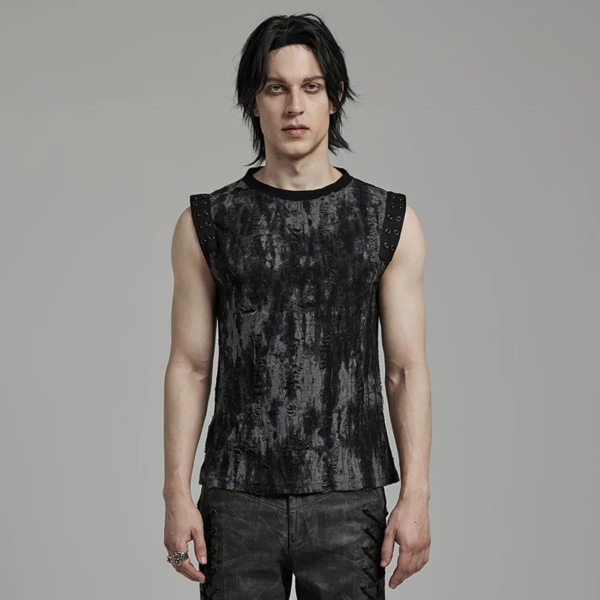 goth daily fitted tank black gray tattered textured tank top eyelet webbing shoulders slim fit sleeveless gothic fashion alternative streetwear punk dark urban clothing stretchy knit soft fabric