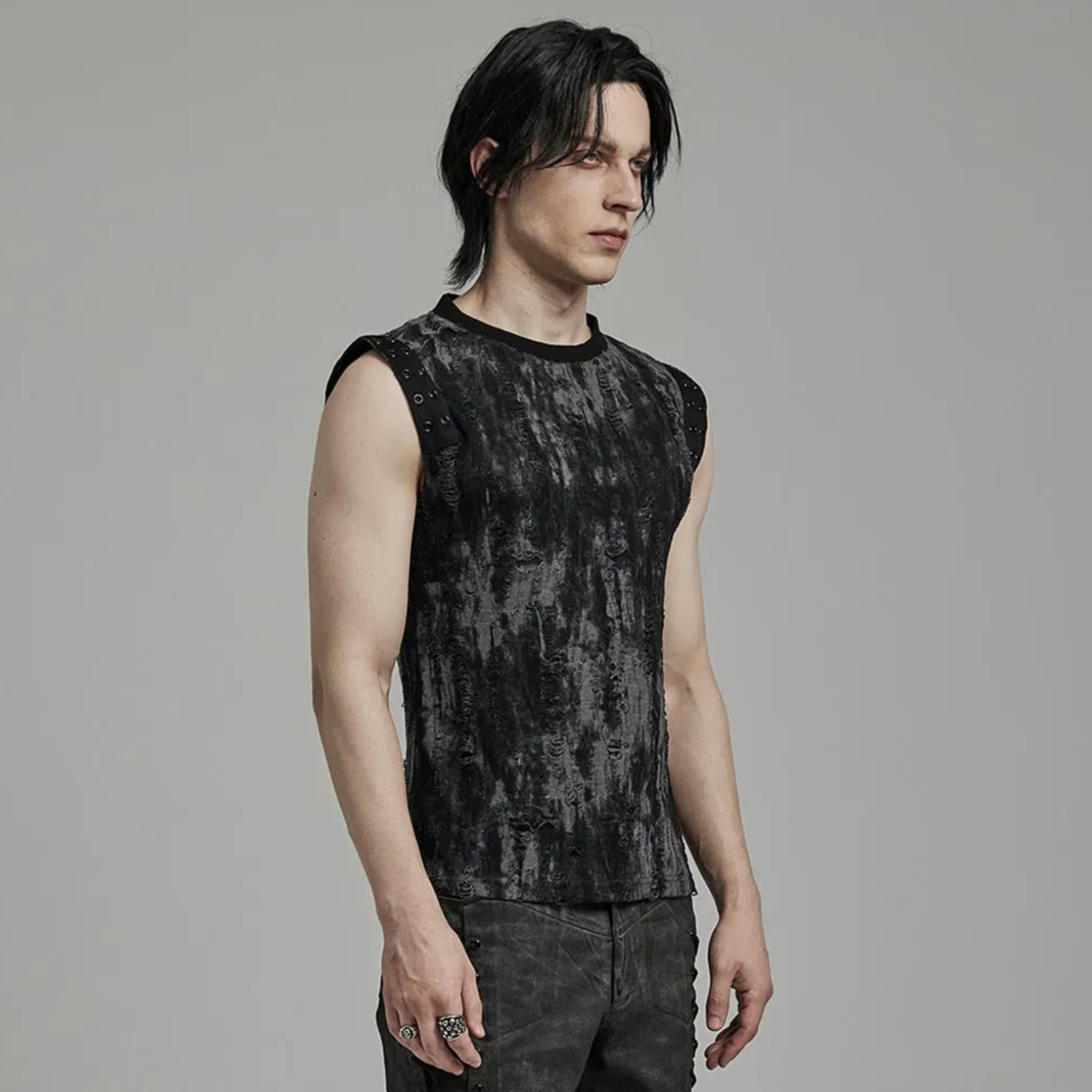 goth daily fitted tank black gray tattered textured tank top eyelet webbing shoulders slim fit sleeveless gothic fashion alternative streetwear punk dark urban clothing stretchy knit soft fabric