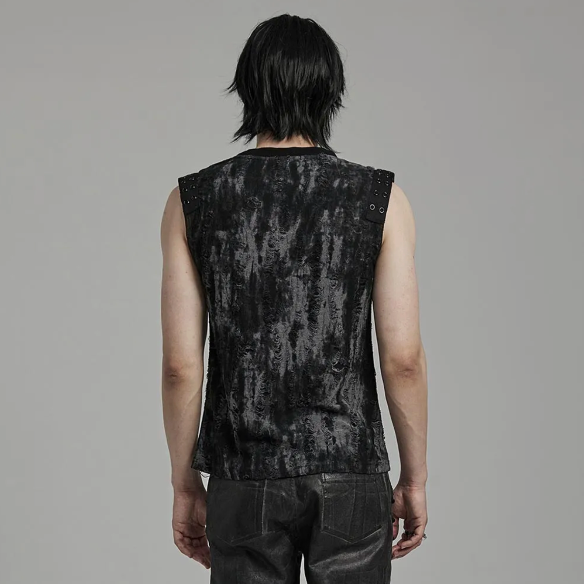 goth daily fitted tank black gray tattered textured tank top eyelet webbing shoulders slim fit sleeveless gothic fashion alternative streetwear punk dark urban clothing stretchy knit soft fabric