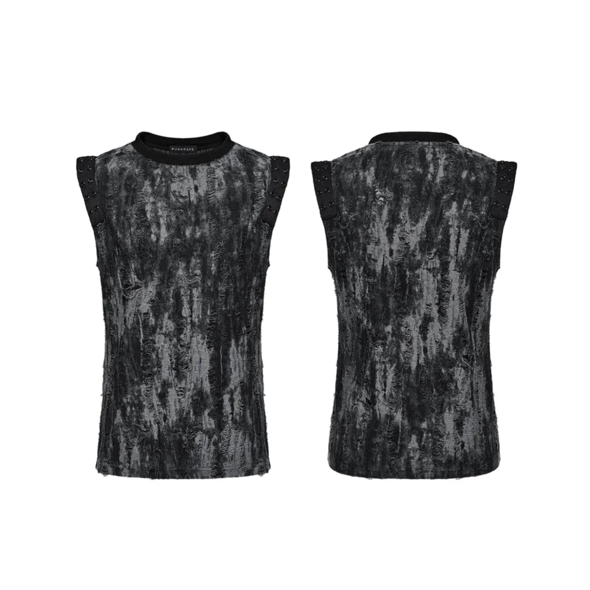 goth daily fitted tank black gray tattered textured tank top eyelet webbing shoulders slim fit sleeveless gothic fashion alternative streetwear punk dark urban clothing stretchy knit soft fabric