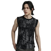 Polyester viscose cotton elastane apparel top shirt tank-top sleeveless cotton-webbing eyelets shoulder-webbing slim-fit fitted soft tattered textured distressed stretchy fashion alt-fashion alternative punk goth gothic cyber cyberpunk casual festival rave streetwear dark urban costume cosplay halloween afterdark-collection male masculine masc mens menswear guys dudes gray-black