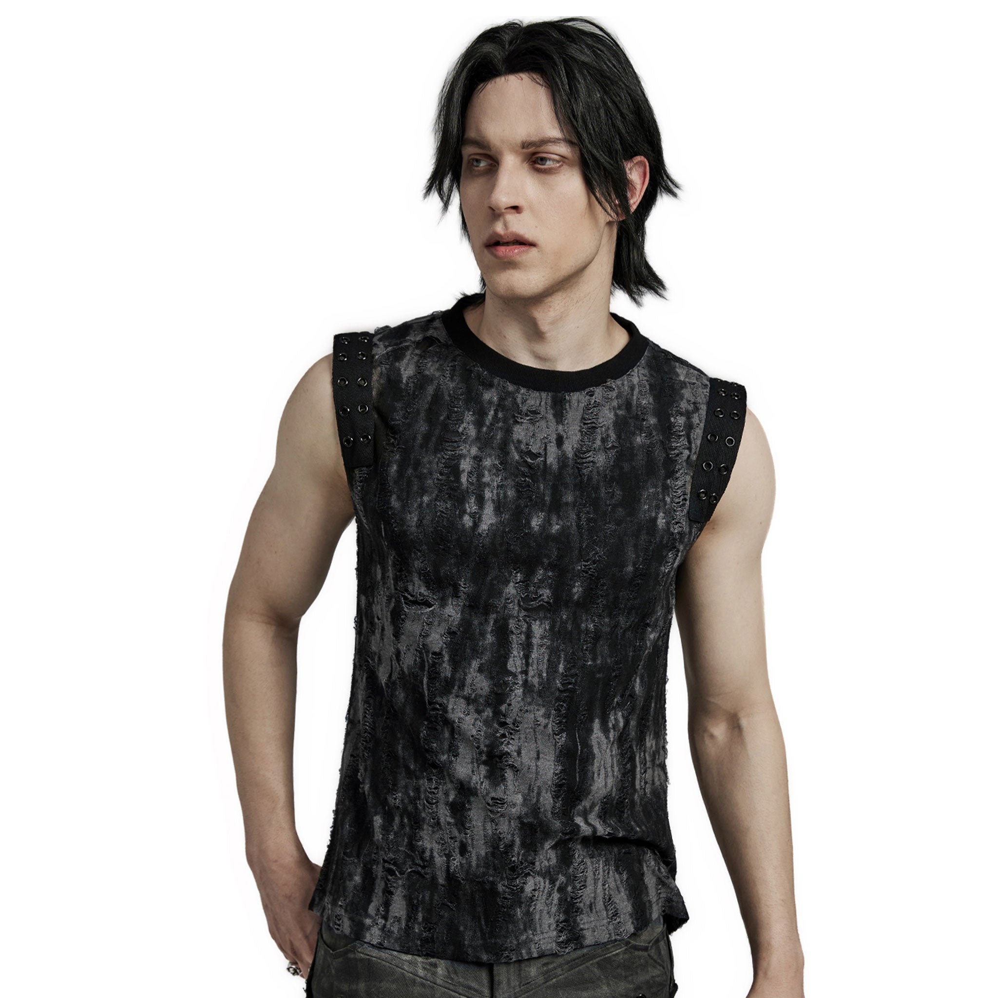 Polyester viscose cotton elastane apparel top shirt tank-top sleeveless cotton-webbing eyelets shoulder-webbing slim-fit fitted soft tattered textured distressed stretchy fashion alt-fashion alternative punk goth gothic cyber cyberpunk casual festival rave streetwear dark urban costume cosplay halloween afterdark-collection male masculine masc mens menswear guys dudes gray-black