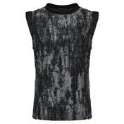 Polyester viscose cotton elastane apparel top shirt tank-top sleeveless cotton-webbing eyelets shoulder-webbing slim-fit fitted soft tattered textured distressed stretchy fashion alt-fashion alternative punk goth gothic cyber cyberpunk casual festival rave streetwear dark urban costume cosplay halloween afterdark-collection male masculine masc mens menswear guys dudes gray-black