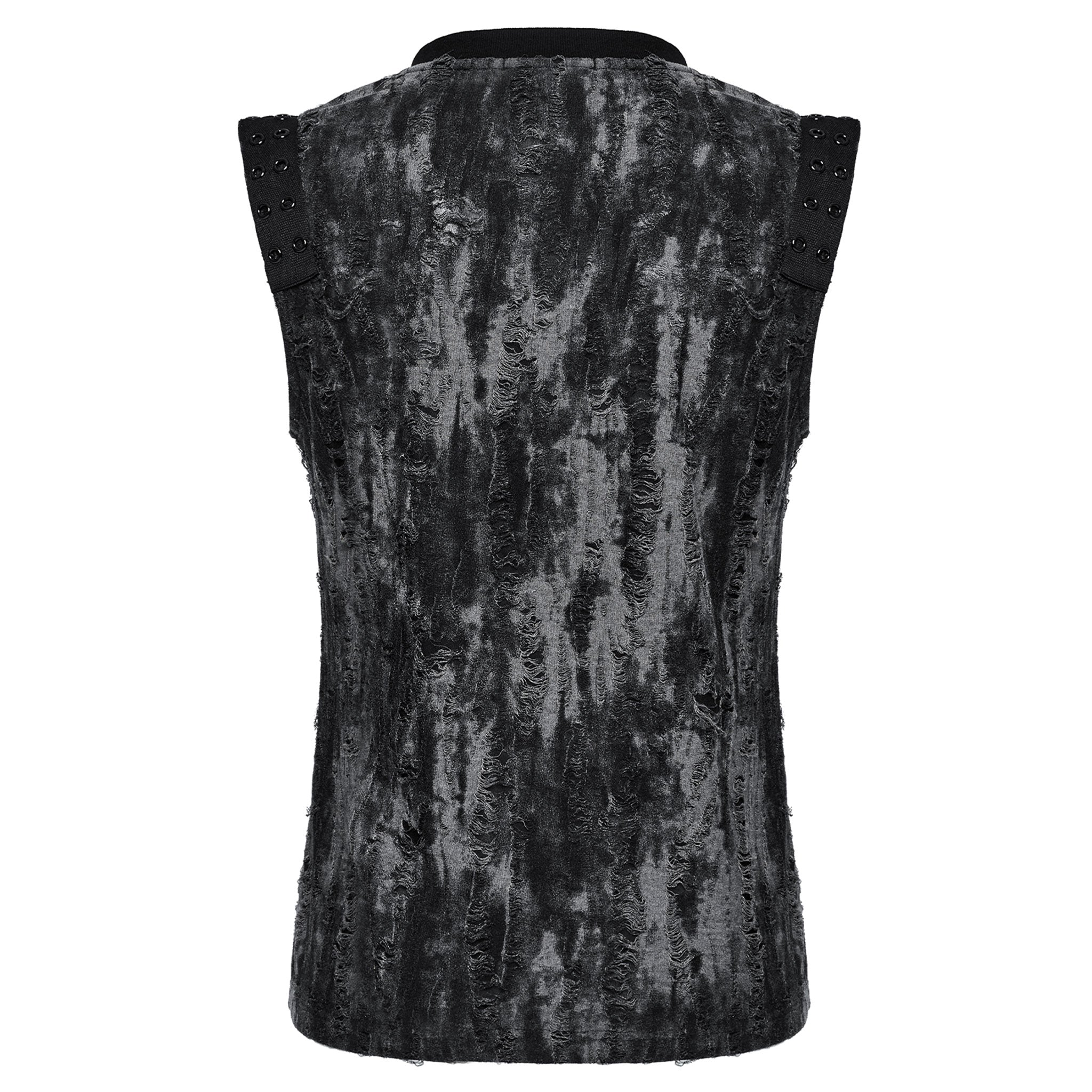 Polyester viscose cotton elastane apparel top shirt tank-top sleeveless cotton-webbing eyelets shoulder-webbing slim-fit fitted soft tattered textured distressed stretchy fashion alt-fashion alternative punk goth gothic cyber cyberpunk casual festival rave streetwear dark urban costume cosplay halloween afterdark-collection male masculine masc mens menswear guys dudes gray-black