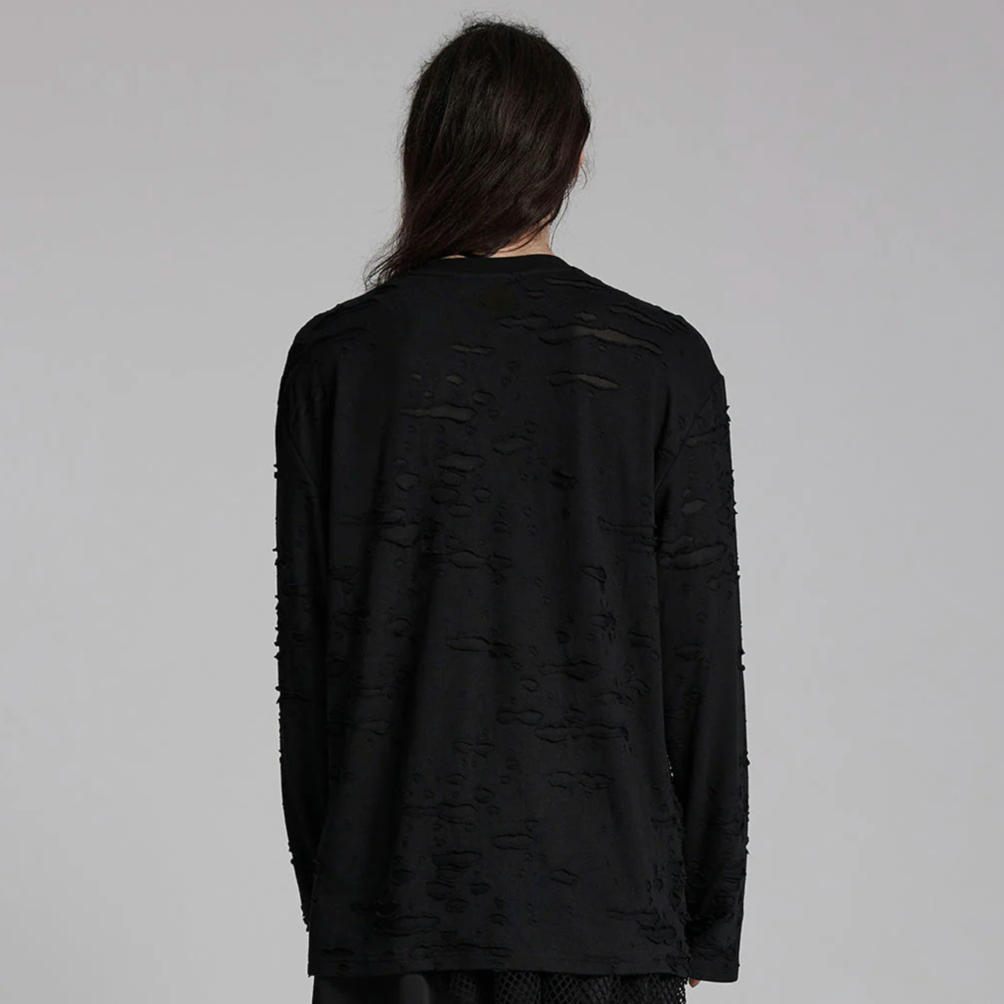goth decadent t-shirt distressed mens top ripped long sleeve oversized fit crew neck dark gothic fashion post-apocalyptic style alternative streetwear stretchy knit black goth clothing