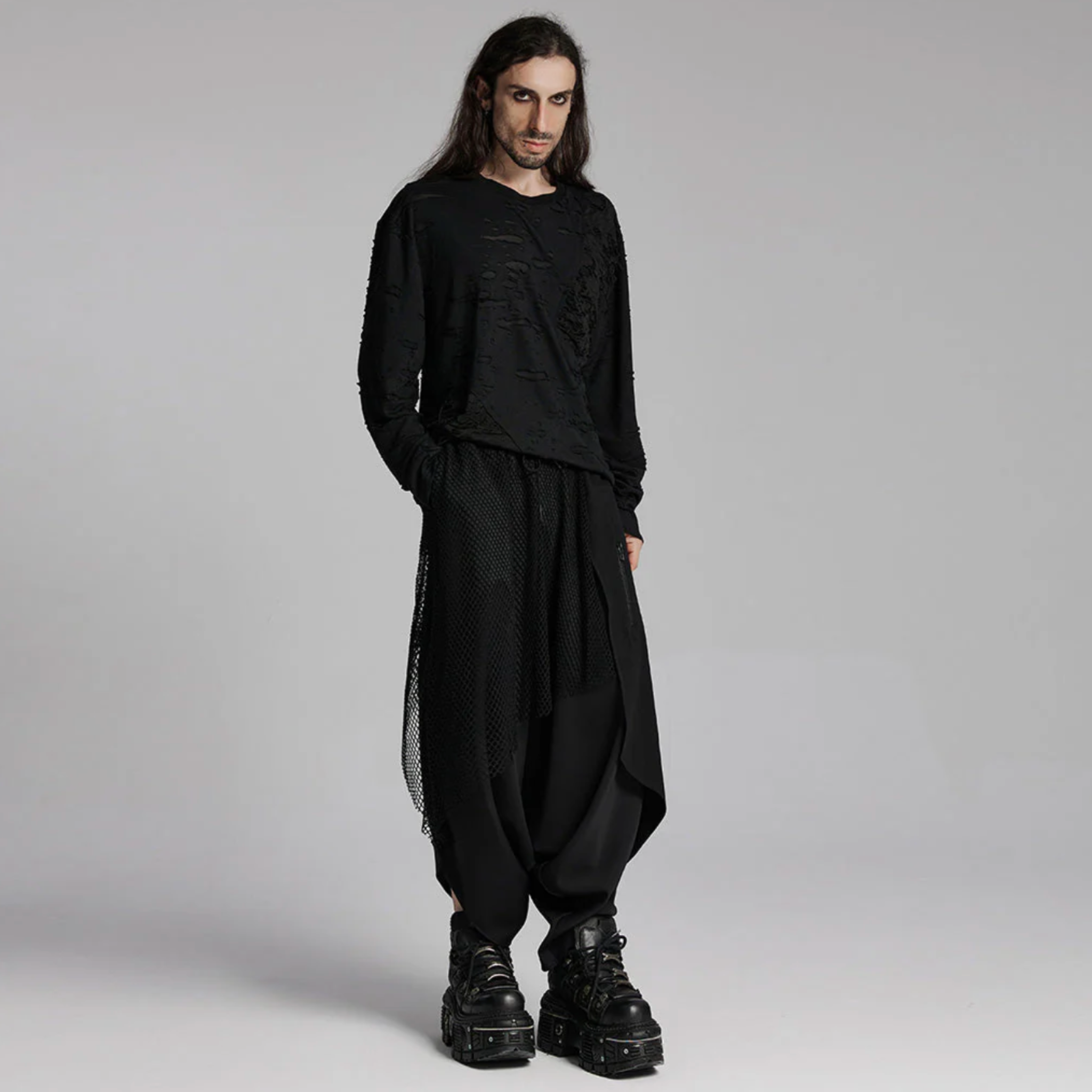 goth decadent t-shirt distressed mens top ripped long sleeve oversized fit crew neck dark gothic fashion post-apocalyptic style alternative streetwear stretchy knit black goth clothing