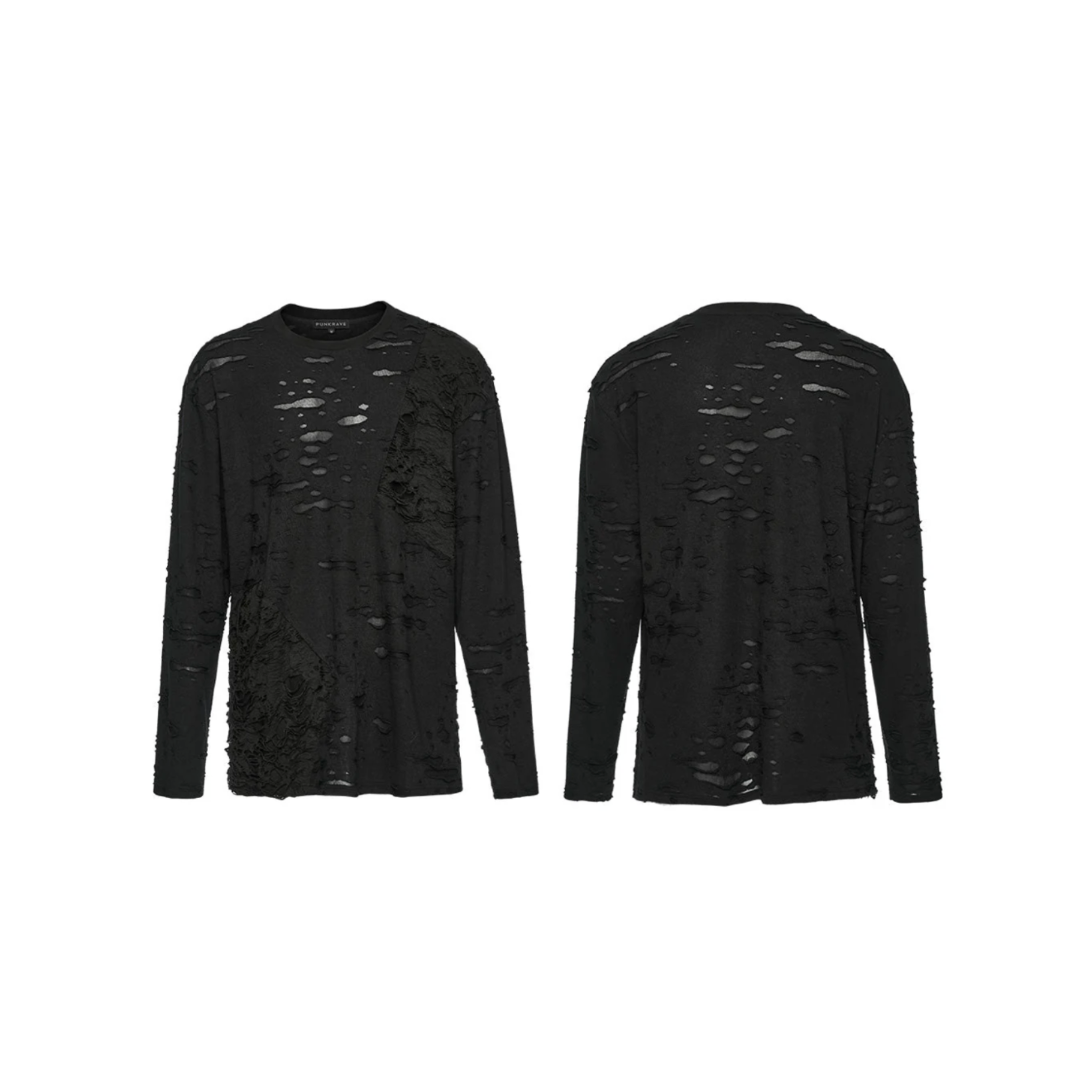 goth decadent t-shirt distressed mens top ripped long sleeve oversized fit crew neck dark gothic fashion post-apocalyptic style alternative streetwear stretchy knit black goth clothing