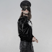 Polyester fabric woven inelastic PU faux-leather hat headgear military-hat horn horned chain hatband fetish-fashion alt-fashion goth gothic punk cyber devil demon edgy devilish fiendish demonic kink kinky kinky-fashion accessories halloween black silver