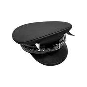 Polyester fabric woven inelastic PU faux-leather hat headgear military-hat horn horned chain hatband fetish-fashion alt-fashion goth gothic punk cyber devil demon edgy devilish fiendish demonic kink kinky kinky-fashion accessories halloween black silver