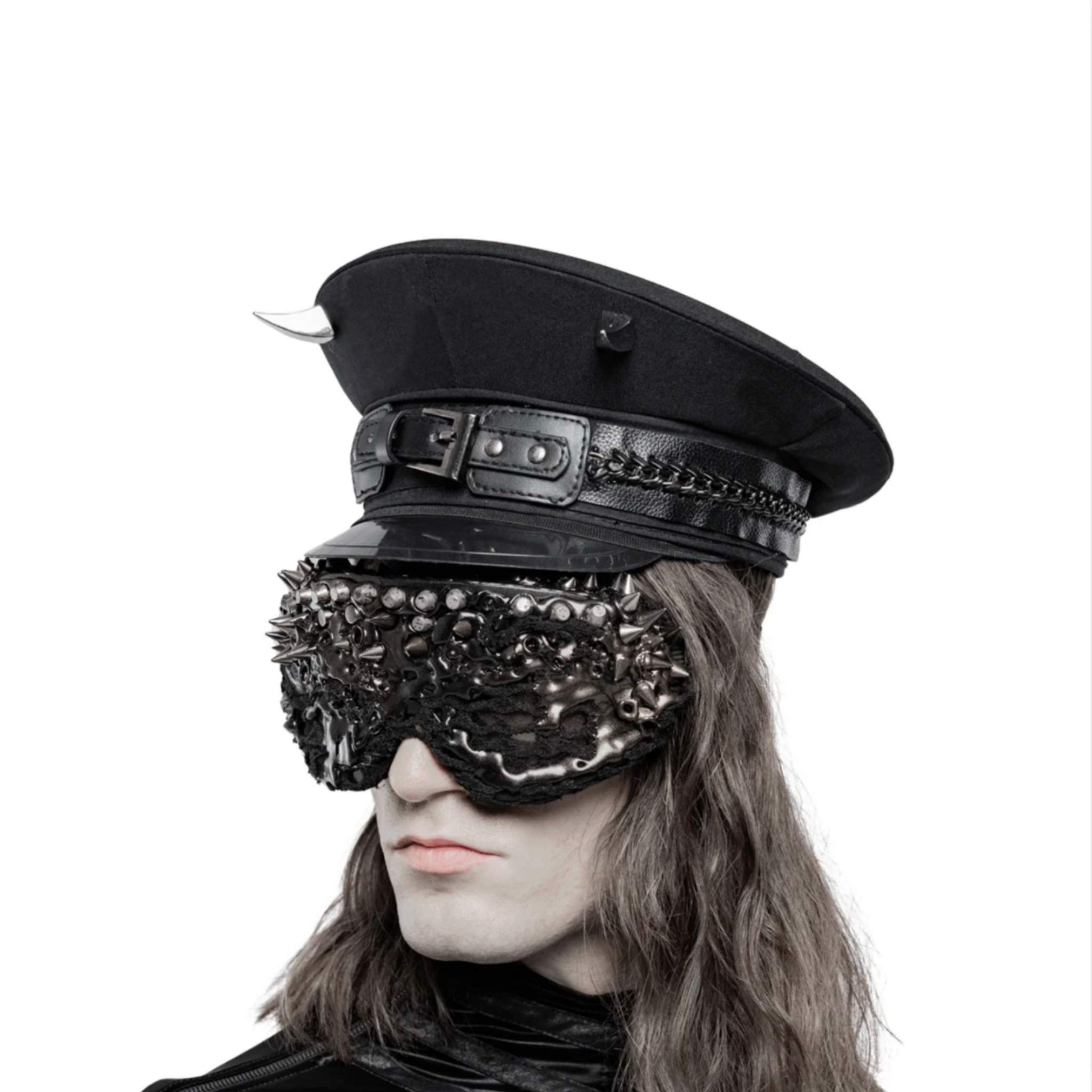 Polyester fabric woven inelastic PU faux-leather hat headgear military-hat horn horned chain hatband fetish-fashion alt-fashion goth gothic punk cyber devil demon edgy devilish fiendish demonic kink kinky kinky-fashion accessories halloween black silver