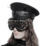 Polyester fabric woven inelastic PU faux-leather hat headgear military-hat horn horned chain hatband fetish-fashion alt-fashion goth gothic punk cyber devil demon edgy devilish fiendish demonic kink kinky kinky-fashion accessories halloween black silver