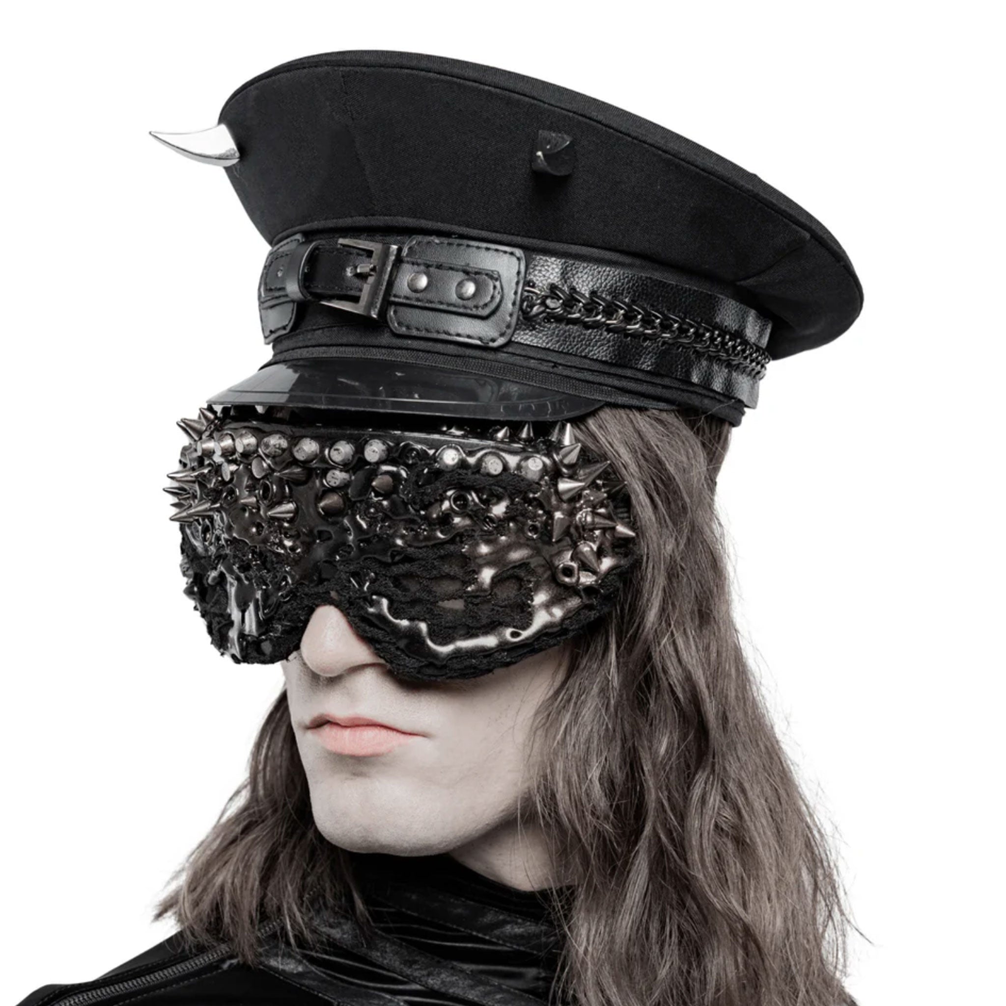 Polyester fabric woven inelastic PU faux-leather hat headgear military-hat horn horned chain hatband fetish-fashion alt-fashion goth gothic punk cyber devil demon edgy devilish fiendish demonic kink kinky kinky-fashion accessories halloween black silver