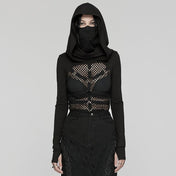 Mesh fishnet cotton top shirt jacket long-sleeve long-sleeved long sleeve sleeved thumb-holes thumb holes hood hooded mask ear-hanging strappy faux leather faux-leather polyester high collar high-collar rave wear ravewear rave-wear festival festival-wear goth gothic cyber punk cyberpunk cyber-punk industrial fashion black