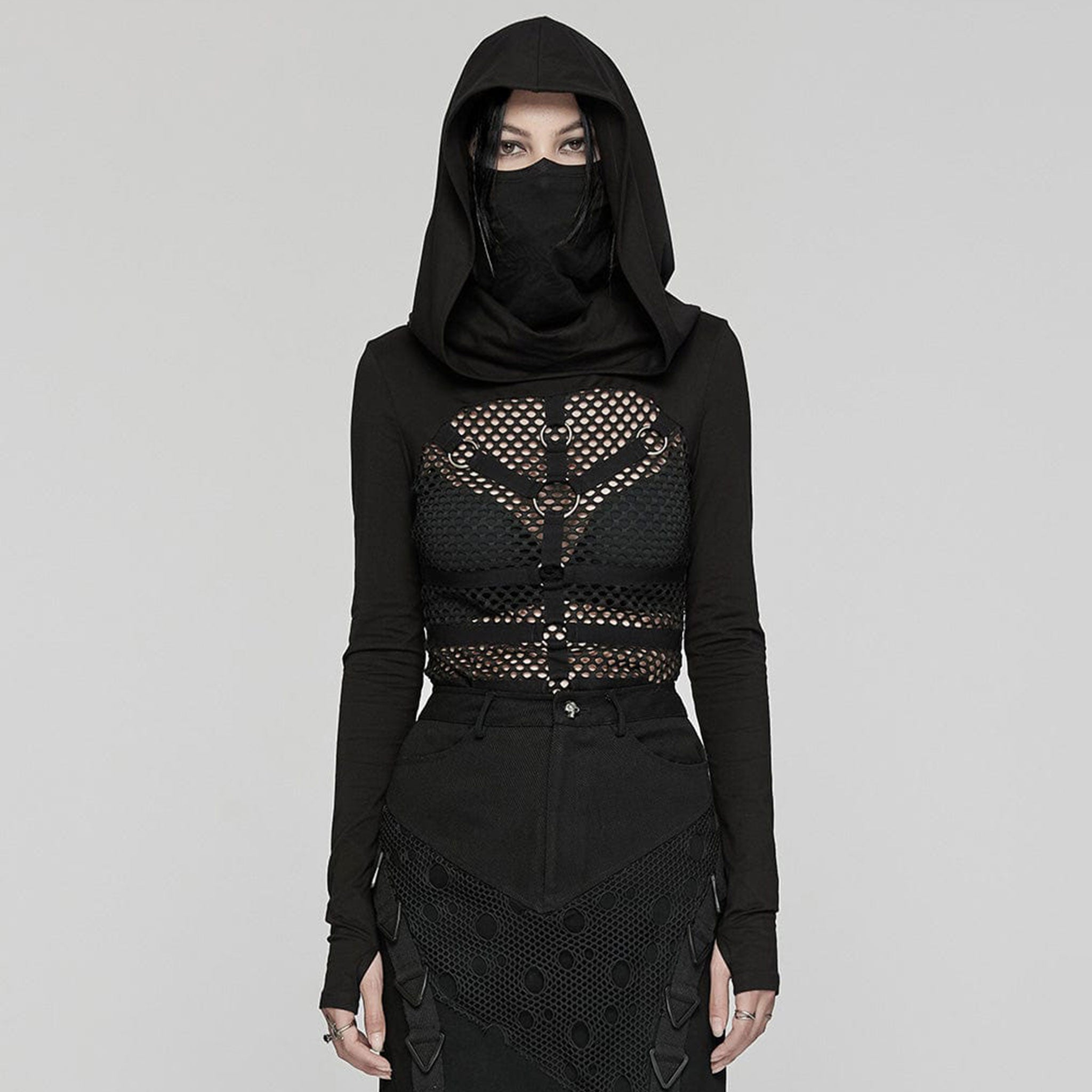 Mesh fishnet cotton top shirt jacket long-sleeve long-sleeved long sleeve sleeved thumb-holes thumb holes hood hooded mask ear-hanging strappy faux leather faux-leather polyester high collar high-collar rave wear ravewear rave-wear festival festival-wear goth gothic cyber punk cyberpunk cyber-punk industrial fashion black