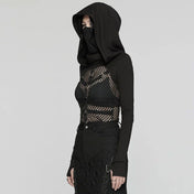 Mesh fishnet cotton top shirt jacket long-sleeve long-sleeved long sleeve sleeved thumb-holes thumb holes hood hooded mask ear-hanging strappy faux leather faux-leather polyester high collar high-collar rave wear ravewear rave-wear festival festival-wear goth gothic cyber punk cyberpunk cyber-punk industrial fashion black