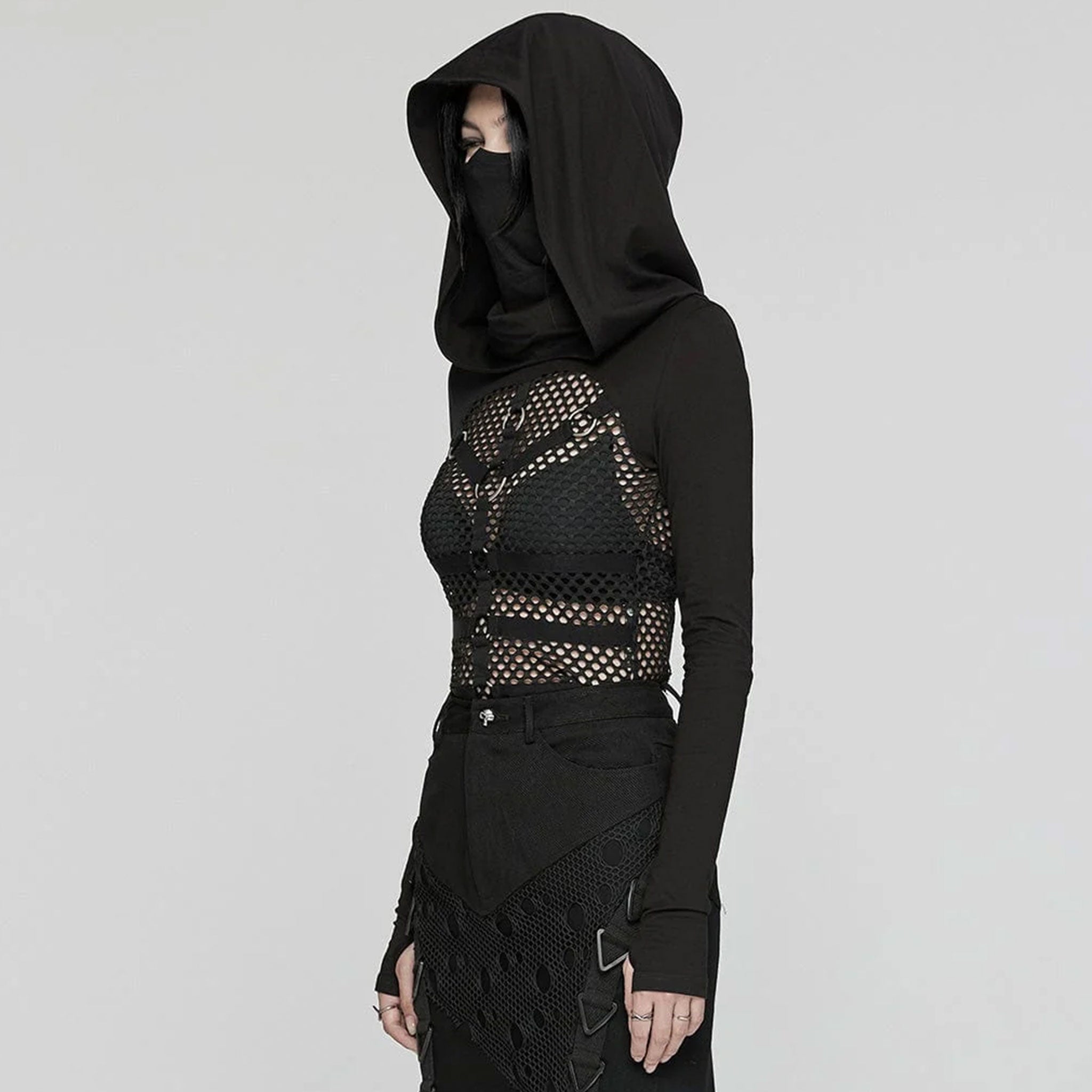 Mesh fishnet cotton top shirt jacket long-sleeve long-sleeved long sleeve sleeved thumb-holes thumb holes hood hooded mask ear-hanging strappy faux leather faux-leather polyester high collar high-collar rave wear ravewear rave-wear festival festival-wear goth gothic cyber punk cyberpunk cyber-punk industrial fashion black