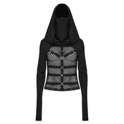 Mesh fishnet cotton top shirt jacket long-sleeve long-sleeved long sleeve sleeved thumb-holes thumb holes hood hooded mask ear-hanging strappy faux leather faux-leather polyester high collar high-collar rave wear ravewear rave-wear festival festival-wear goth gothic cyber punk cyberpunk cyber-punk industrial fashion black