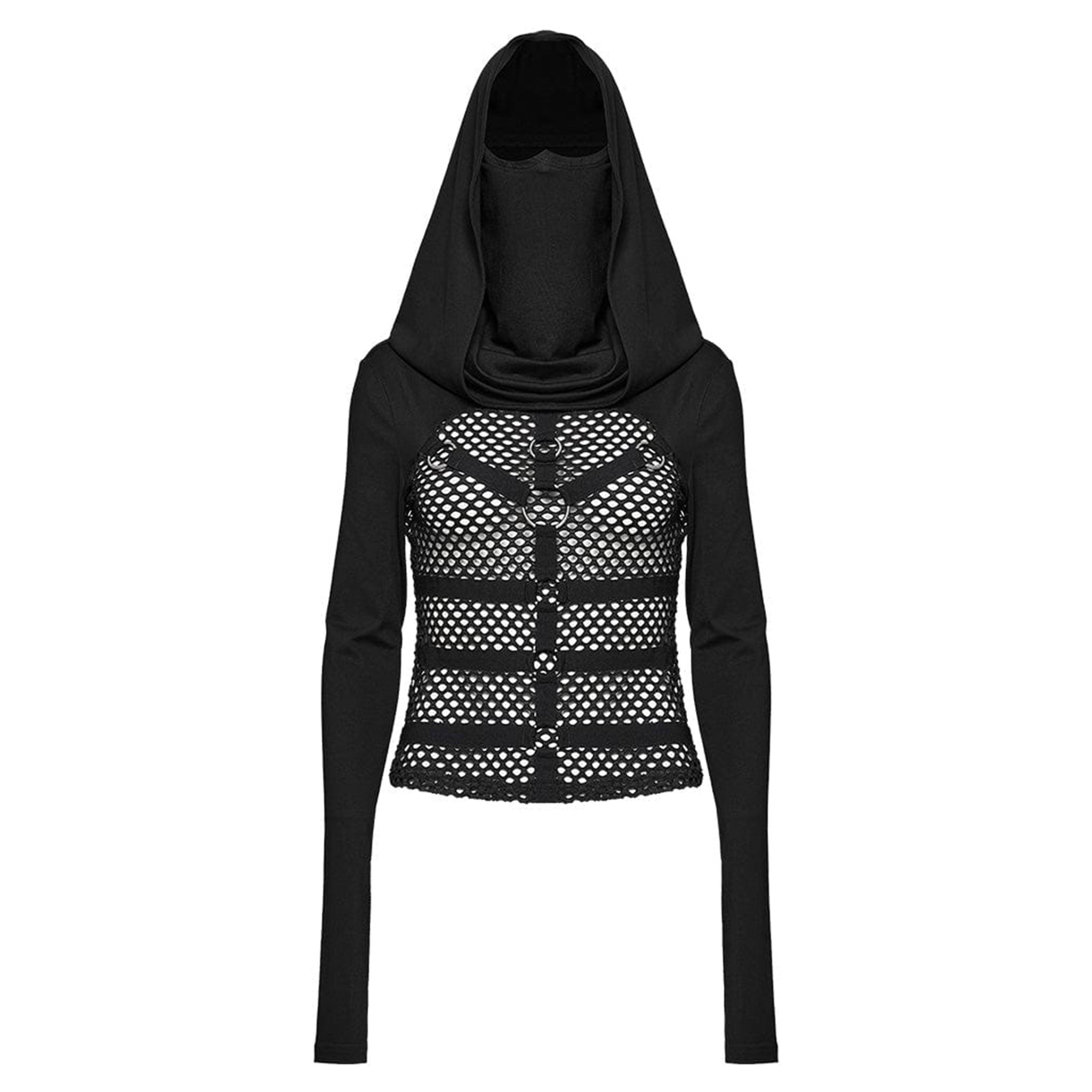 Mesh fishnet cotton top shirt jacket long-sleeve long-sleeved long sleeve sleeved thumb-holes thumb holes hood hooded mask ear-hanging strappy faux leather faux-leather polyester high collar high-collar rave wear ravewear rave-wear festival festival-wear goth gothic cyber punk cyberpunk cyber-punk industrial fashion black