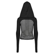 Mesh fishnet cotton top shirt jacket long-sleeve long-sleeved long sleeve sleeved thumb-holes thumb holes hood hooded mask ear-hanging strappy faux leather faux-leather polyester high collar high-collar rave wear ravewear rave-wear festival festival-wear goth gothic cyber punk cyberpunk cyber-punk industrial fashion black