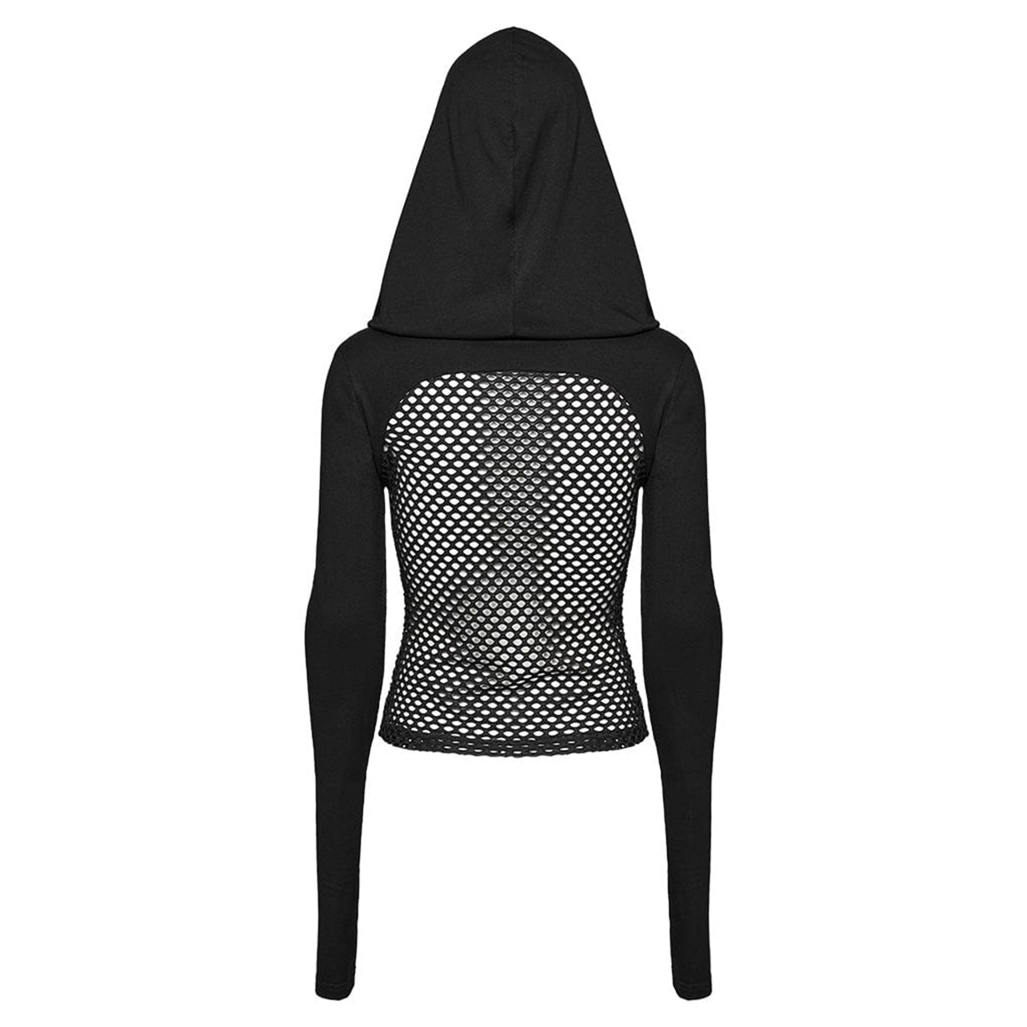 Mesh fishnet cotton top shirt jacket long-sleeve long-sleeved long sleeve sleeved thumb-holes thumb holes hood hooded mask ear-hanging strappy faux leather faux-leather polyester high collar high-collar rave wear ravewear rave-wear festival festival-wear goth gothic cyber punk cyberpunk cyber-punk industrial fashion black