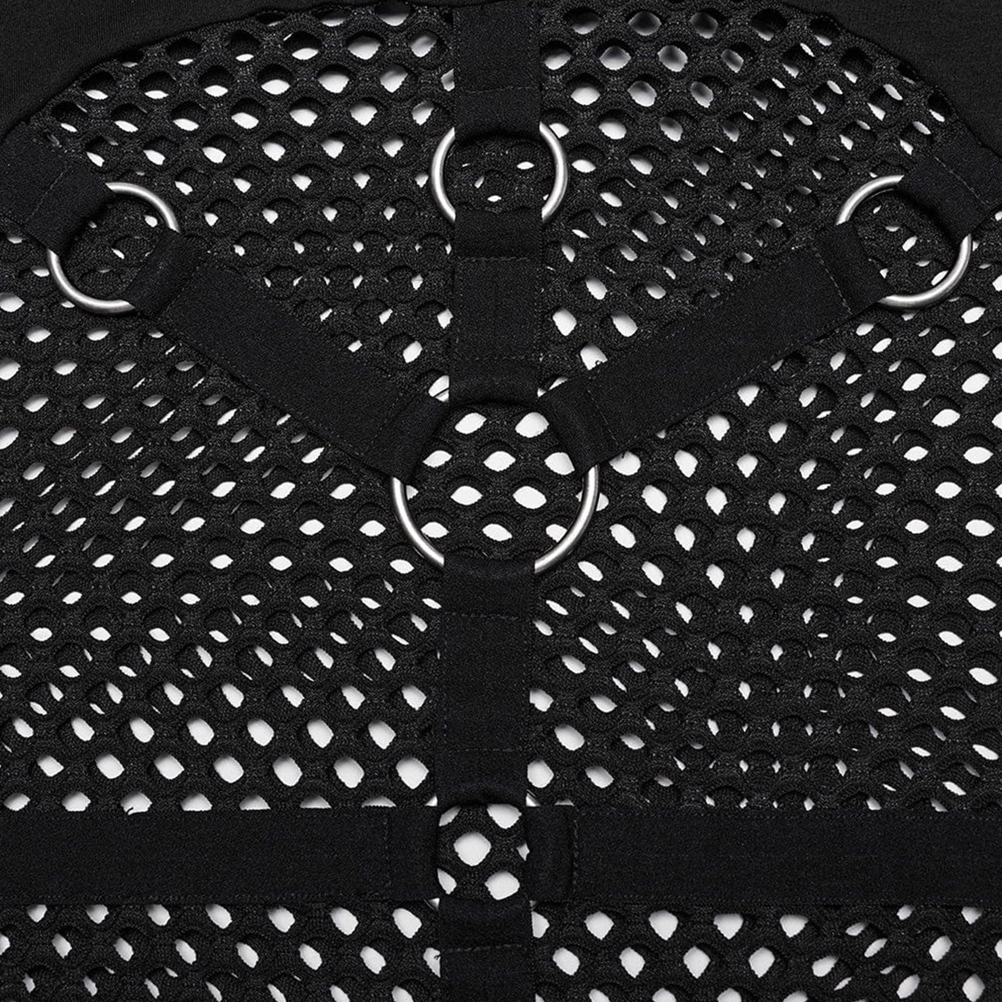 Mesh fishnet cotton top shirt jacket long-sleeve long-sleeved long sleeve sleeved thumb-holes thumb holes hood hooded mask ear-hanging strappy faux leather faux-leather polyester high collar high-collar rave wear ravewear rave-wear festival festival-wear goth gothic cyber punk cyberpunk cyber-punk industrial fashion black