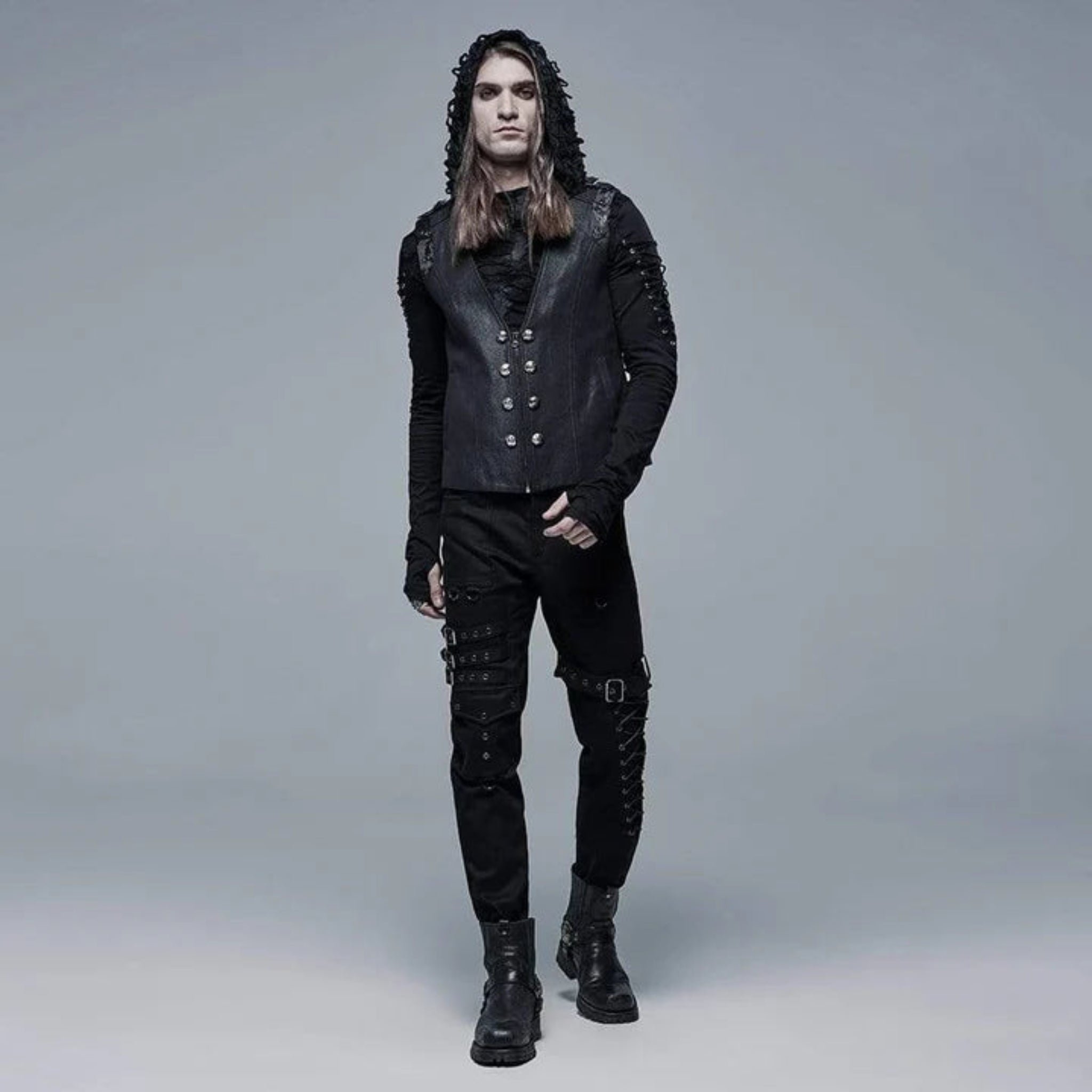 goth multi buckle pants black lace up pants pockets long pants white stitching contrast straps knee loops alternative fashion gothic streetwear edgy punk clothing structured pants