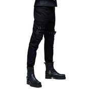 Spandex cotton woven elastic coated-cotton grommets apparel bottoms pants long multi-buckle cargo-pockets knee-loops buckle-straps drawstring adjustable buckle D-ring skull front-closure zipper crotch-zip belt-loops edgy coarse fetish fashion alt-fashion alternative punk goth gothic cyber cyberpunk streetwear costume cosplay halloween afterdark-collection male masculine masc mens menswear guys dudes black