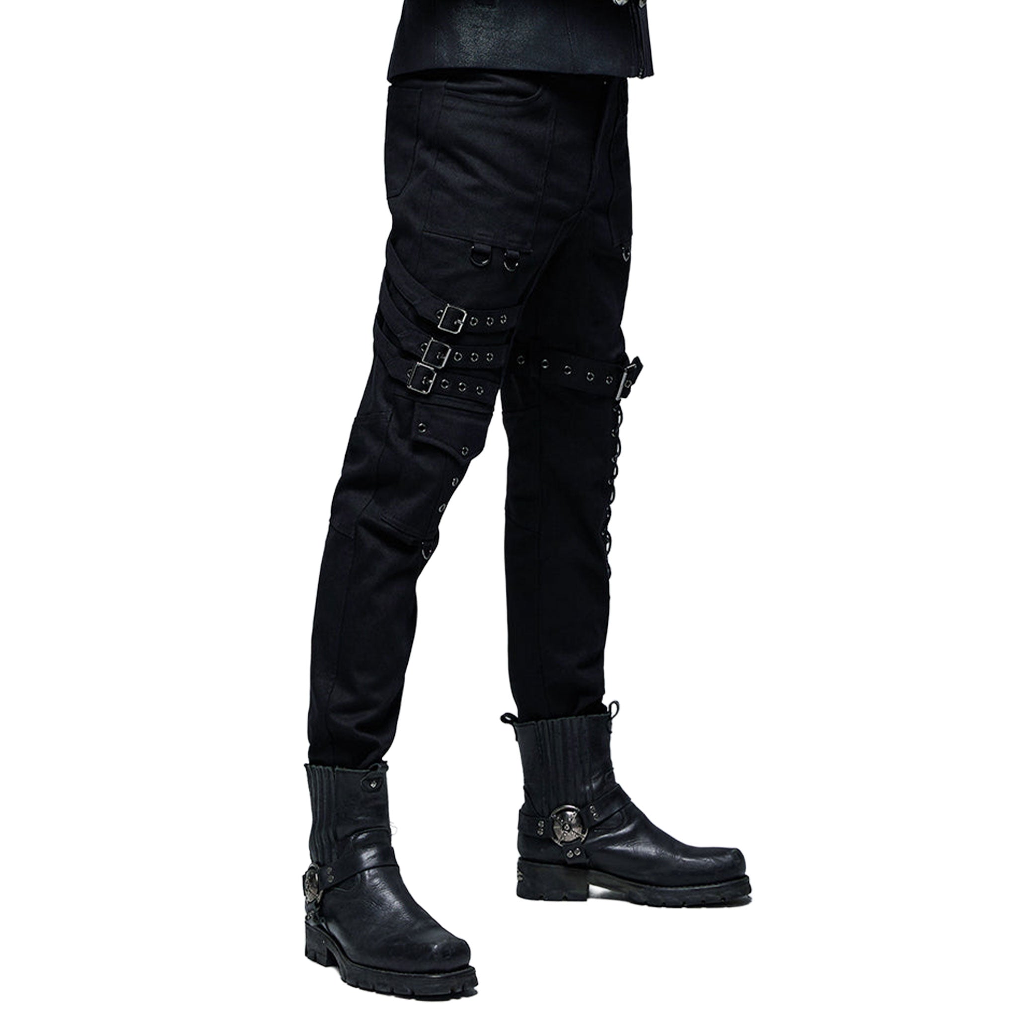 Spandex cotton woven elastic coated-cotton grommets apparel bottoms pants long multi-buckle cargo-pockets knee-loops buckle-straps drawstring adjustable buckle D-ring skull front-closure zipper crotch-zip belt-loops edgy coarse fetish fashion alt-fashion alternative punk goth gothic cyber cyberpunk streetwear costume cosplay halloween afterdark-collection male masculine masc mens menswear guys dudes black