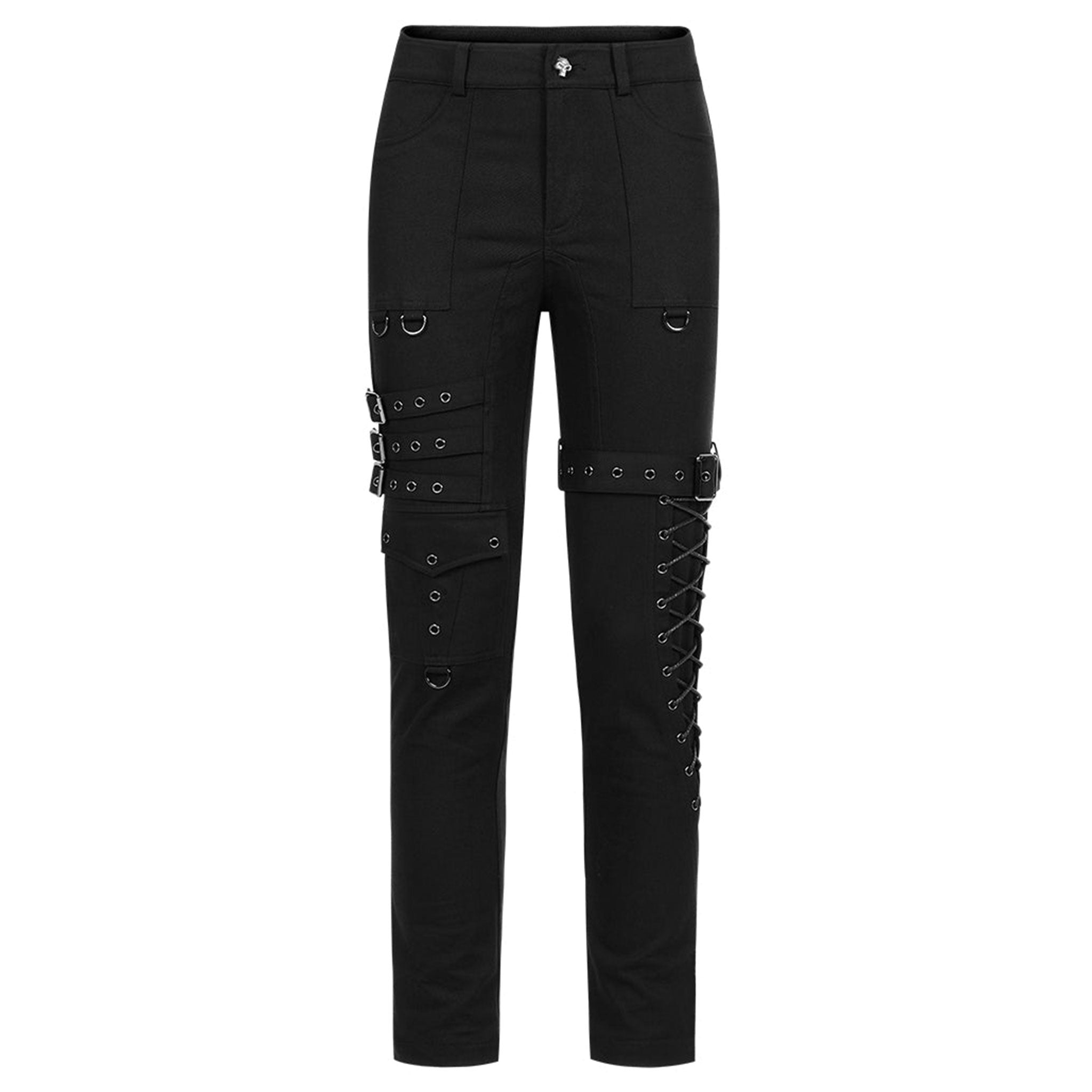 Spandex cotton woven elastic coated-cotton grommets apparel bottoms pants long multi-buckle cargo-pockets knee-loops buckle-straps drawstring adjustable buckle D-ring skull front-closure zipper crotch-zip belt-loops edgy coarse fetish fashion alt-fashion alternative punk goth gothic cyber cyberpunk streetwear costume cosplay halloween afterdark-collection male masculine masc mens menswear guys dudes black