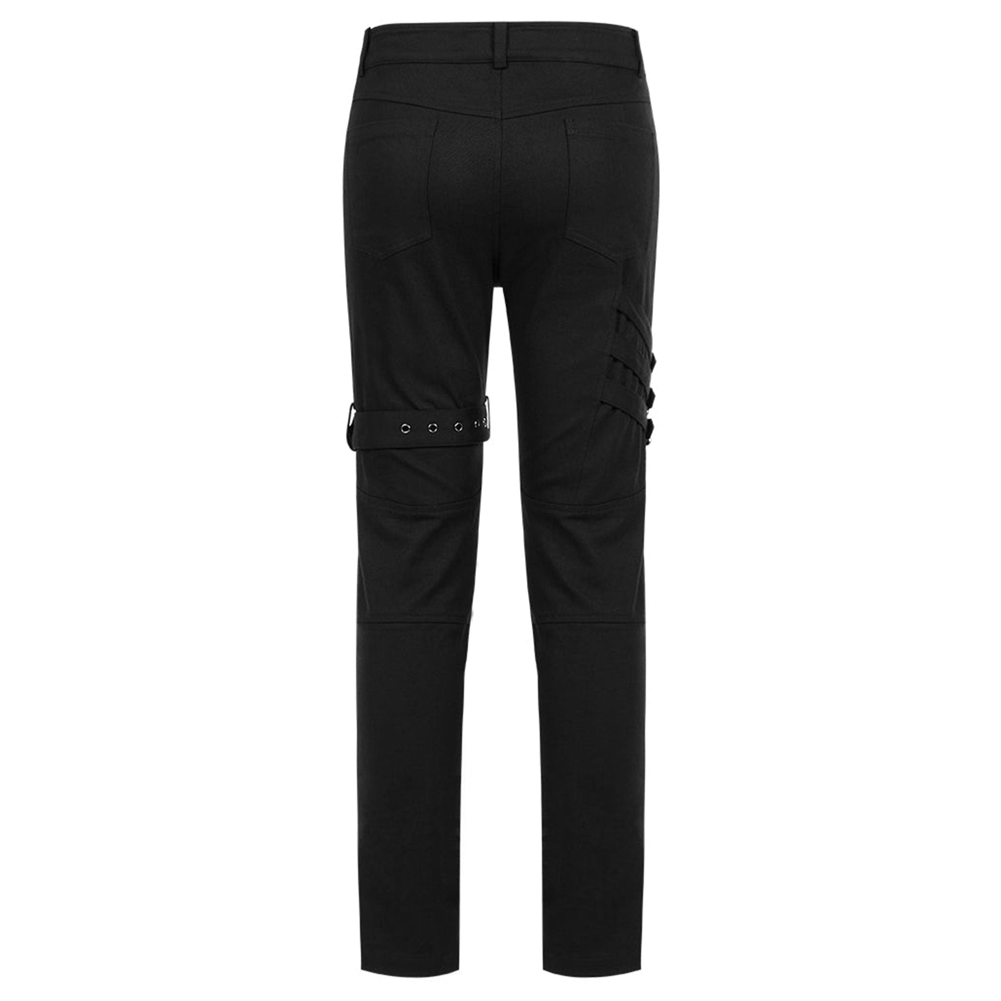 Spandex cotton woven elastic coated-cotton grommets apparel bottoms pants long multi-buckle cargo-pockets knee-loops buckle-straps drawstring adjustable buckle D-ring skull front-closure zipper crotch-zip belt-loops edgy coarse fetish fashion alt-fashion alternative punk goth gothic cyber cyberpunk streetwear costume cosplay halloween afterdark-collection male masculine masc mens menswear guys dudes black