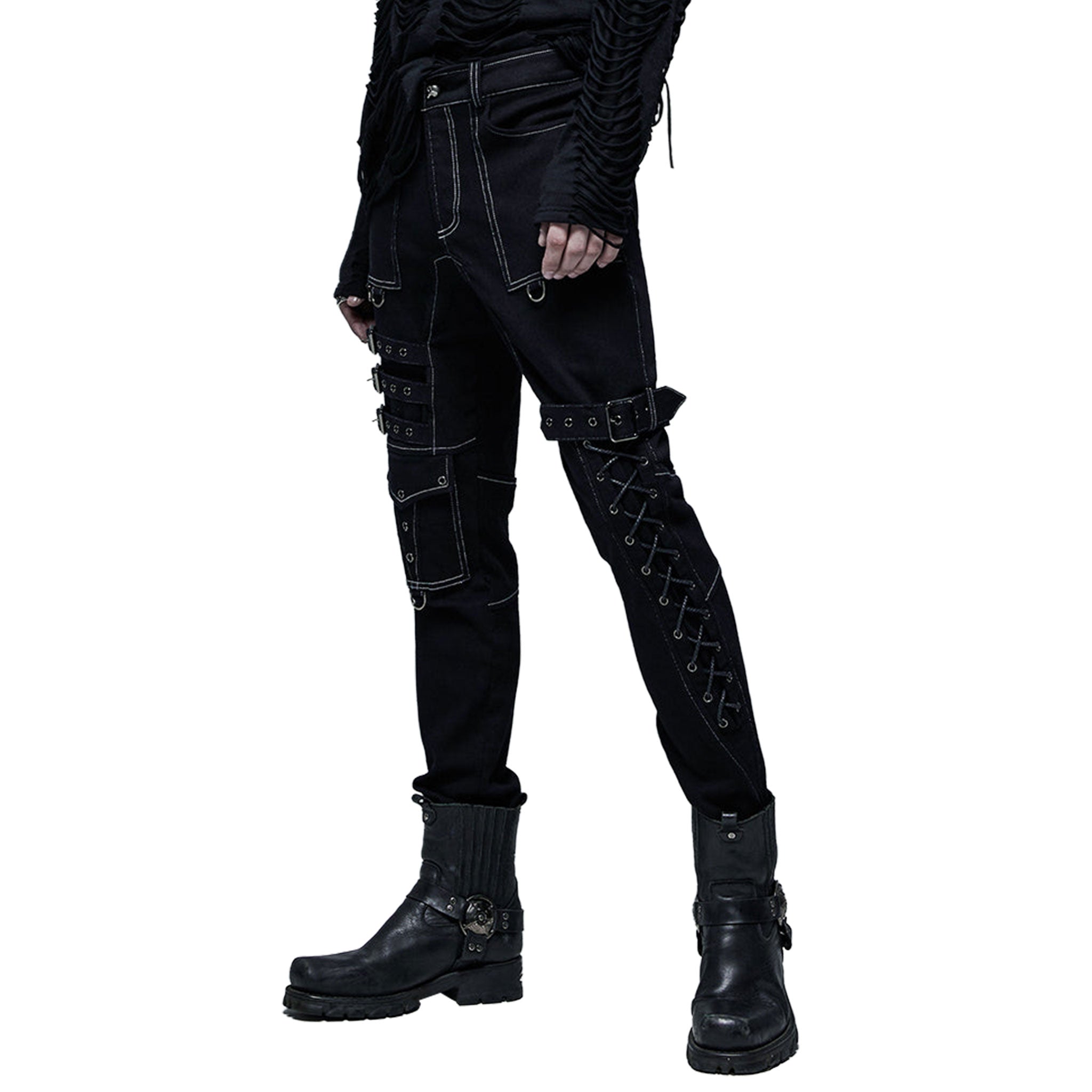 Spandex cotton woven elastic coated-cotton grommets apparel bottoms pants long multi-buckle cargo-pockets knee-loops buckle-straps drawstring adjustable buckle D-ring skull front-closure zipper crotch-zip belt-loops edgy coarse fetish fashion alt-fashion alternative punk goth gothic cyber cyberpunk streetwear costume cosplay halloween afterdark-collection male masculine masc mens menswear guys dudes black-white contrast-stitching