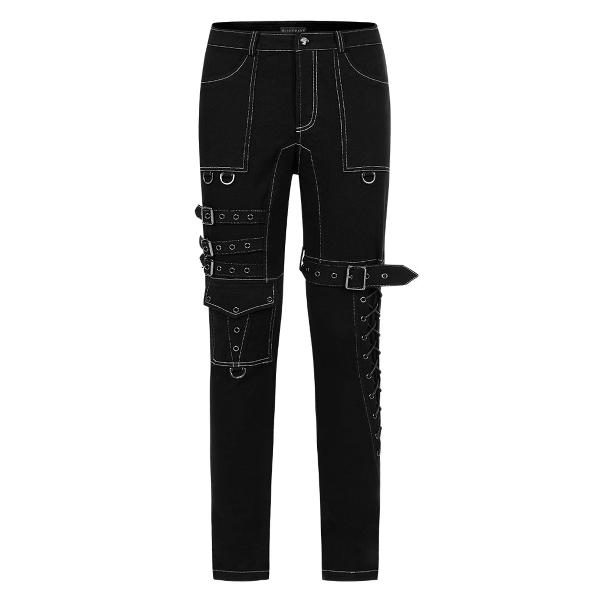 Spandex cotton woven elastic coated-cotton grommets apparel bottoms pants long multi-buckle cargo-pockets knee-loops buckle-straps drawstring adjustable buckle D-ring skull front-closure zipper crotch-zip belt-loops edgy coarse fetish fashion alt-fashion alternative punk goth gothic cyber cyberpunk streetwear costume cosplay halloween afterdark-collection male masculine masc mens menswear guys dudes black-white contrast-stitching